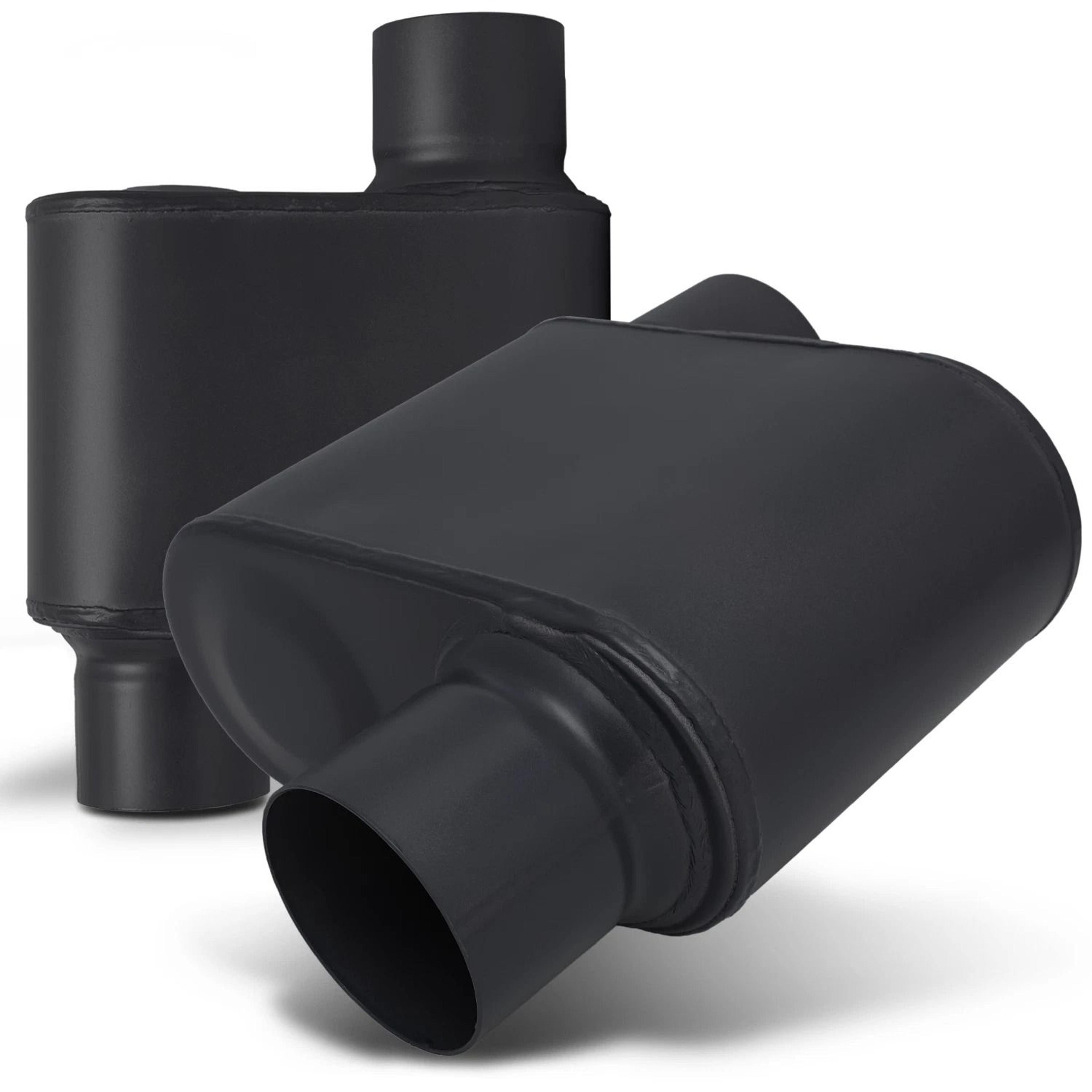 offset race performance chambered exhaust muffler - high flow stainless steel, matte finish