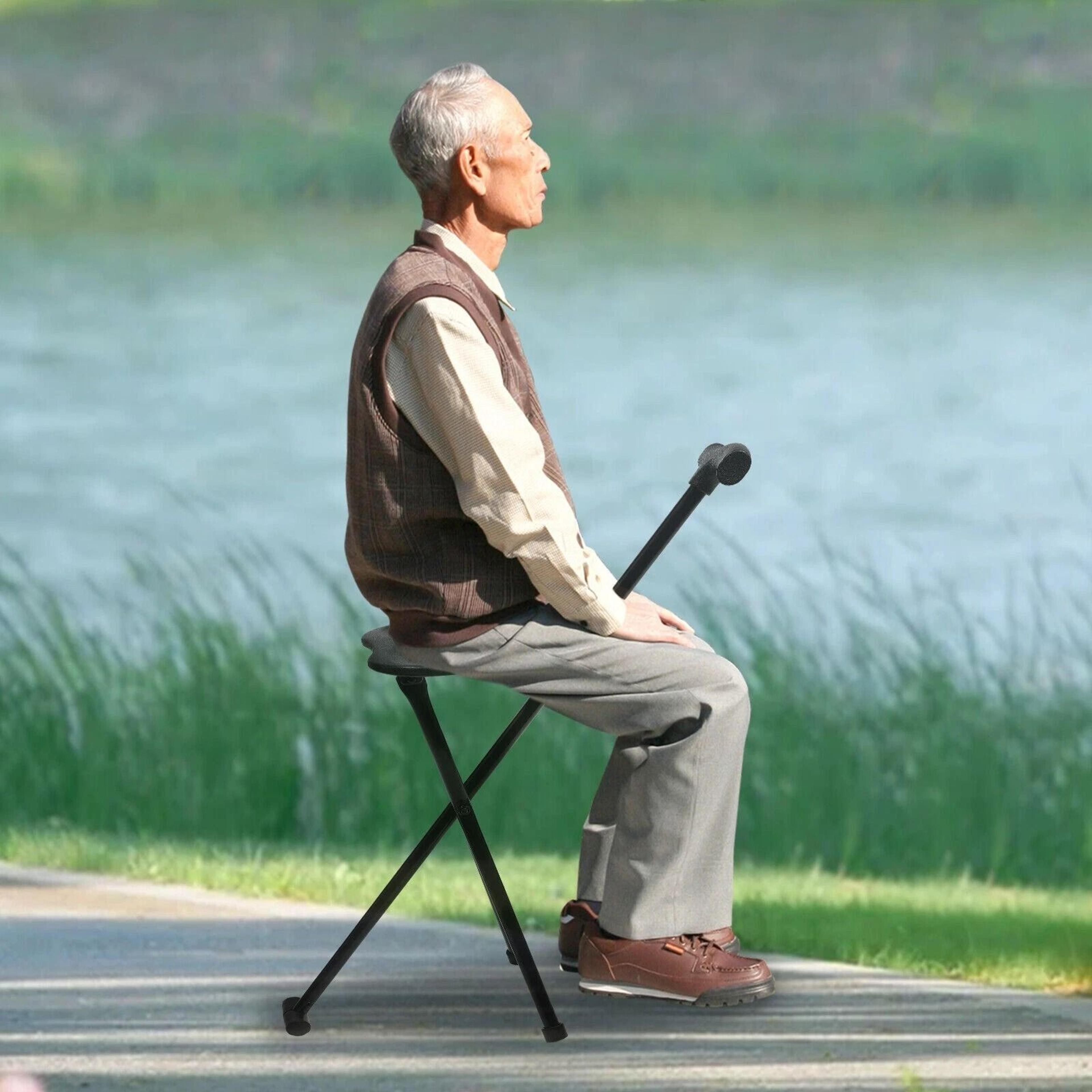 folding walking cane with tripod chair seat stool – heavy duty adjustable, portable for seniors and disabled