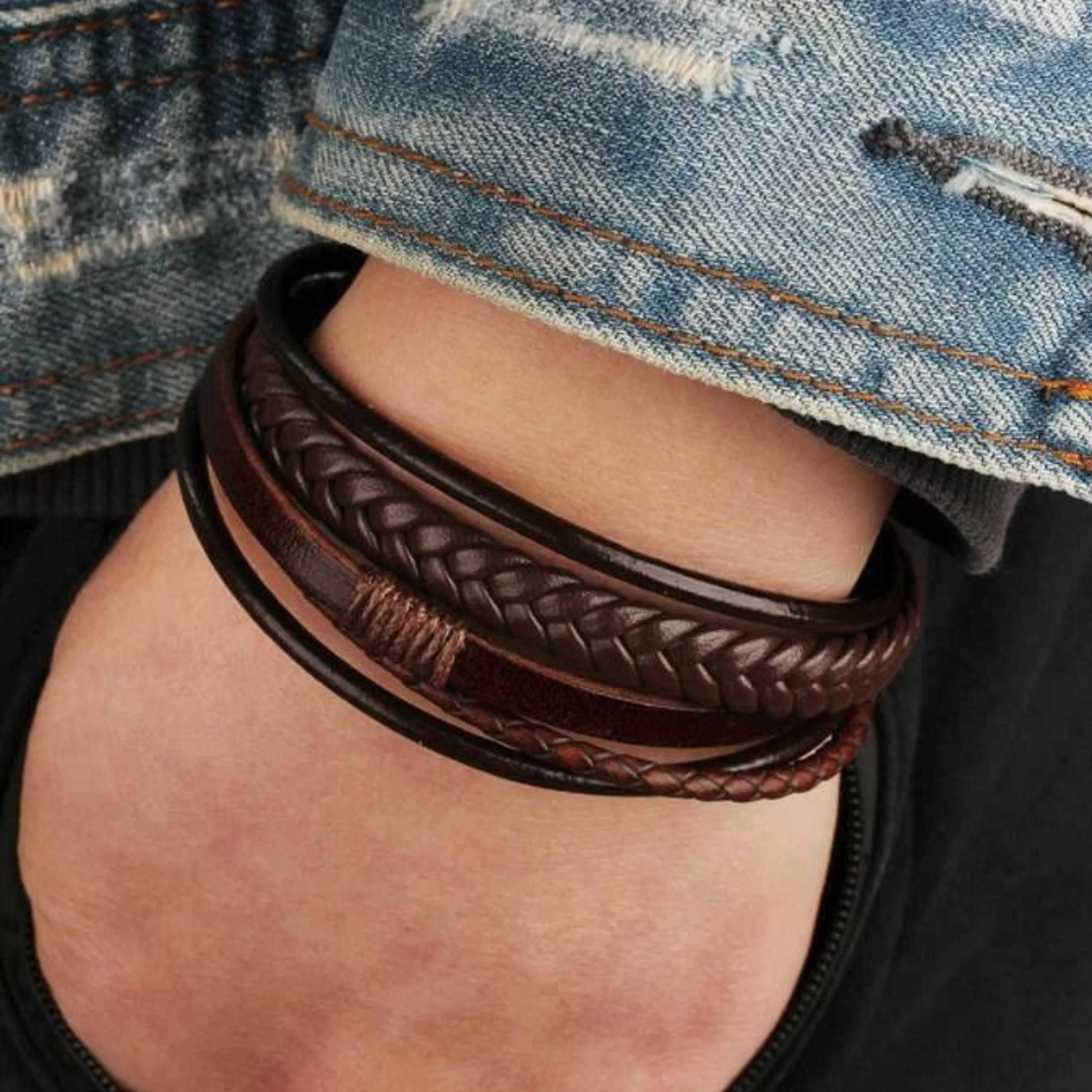 men's black braided leather bracelet with multi layer stainless steel clasp