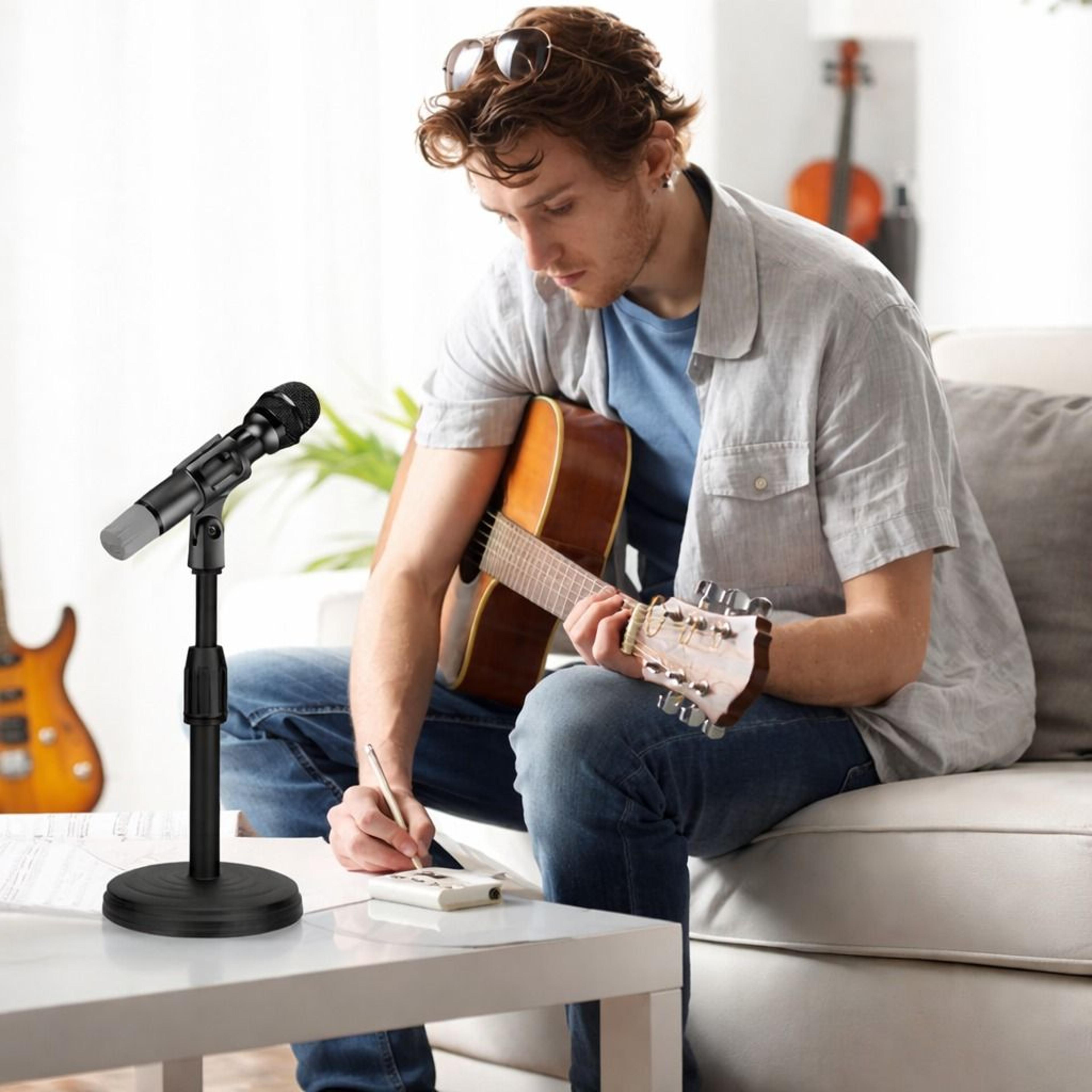 adjustable desktop microphone stand with mini weighted round base and mic clip