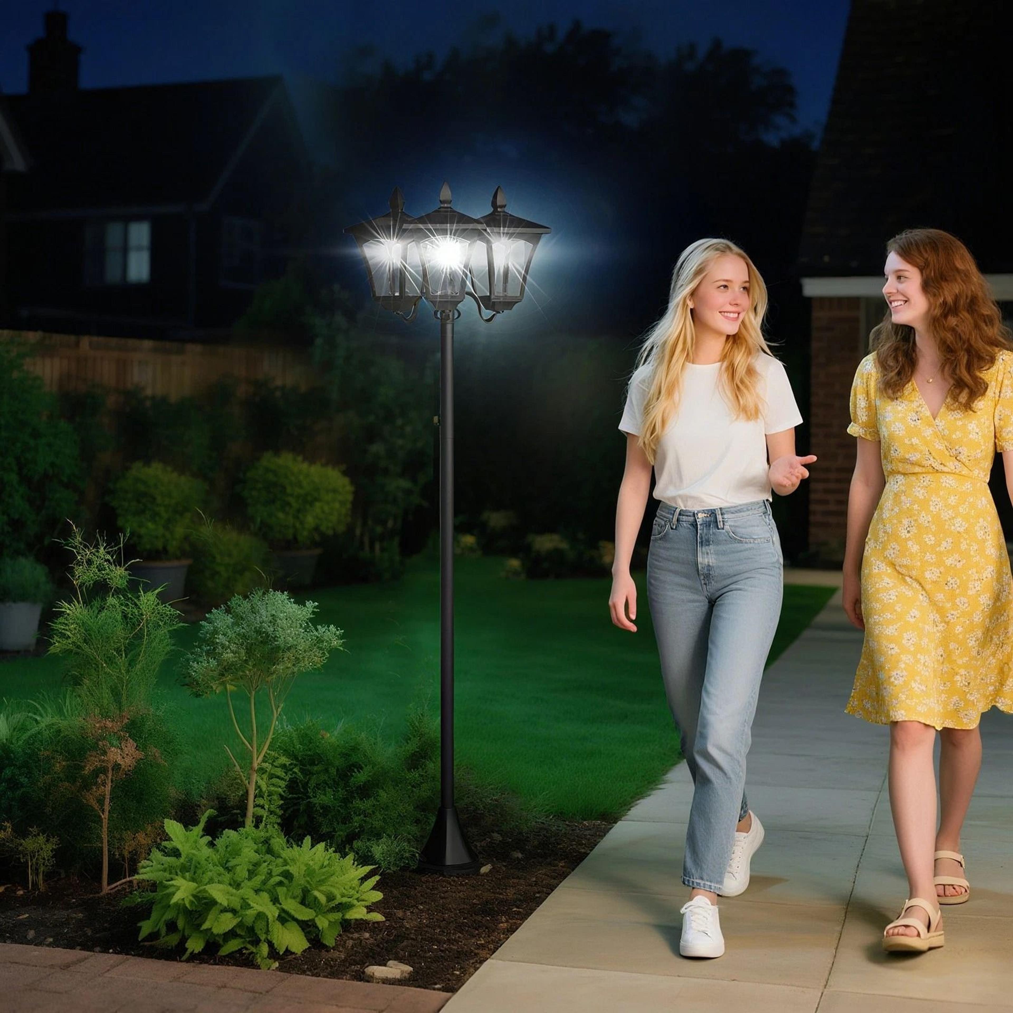 solar outdoor lamp post with triple head driveway light all weather energy saving