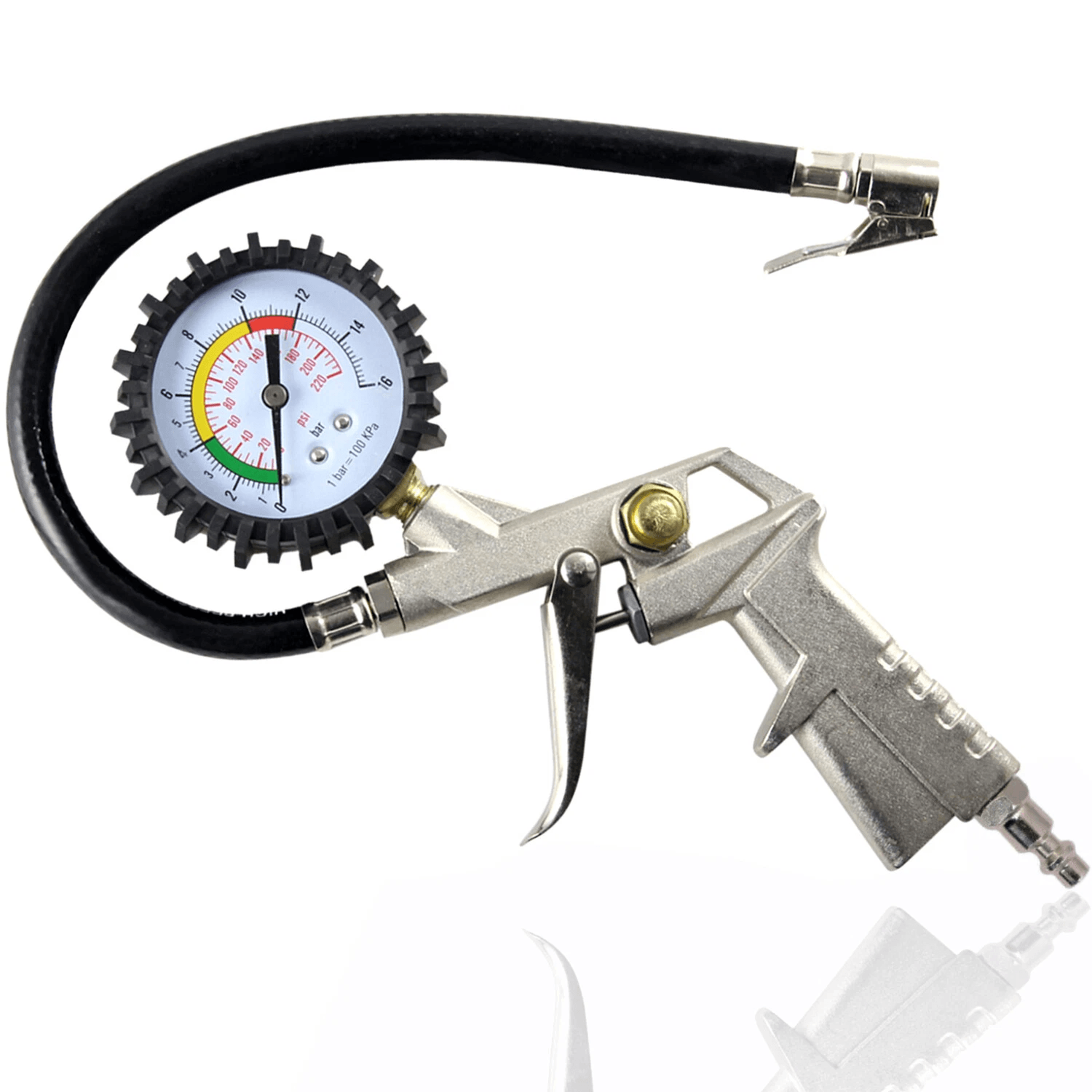 tire inflator gauge with flexible hose and pistol grip air chuck