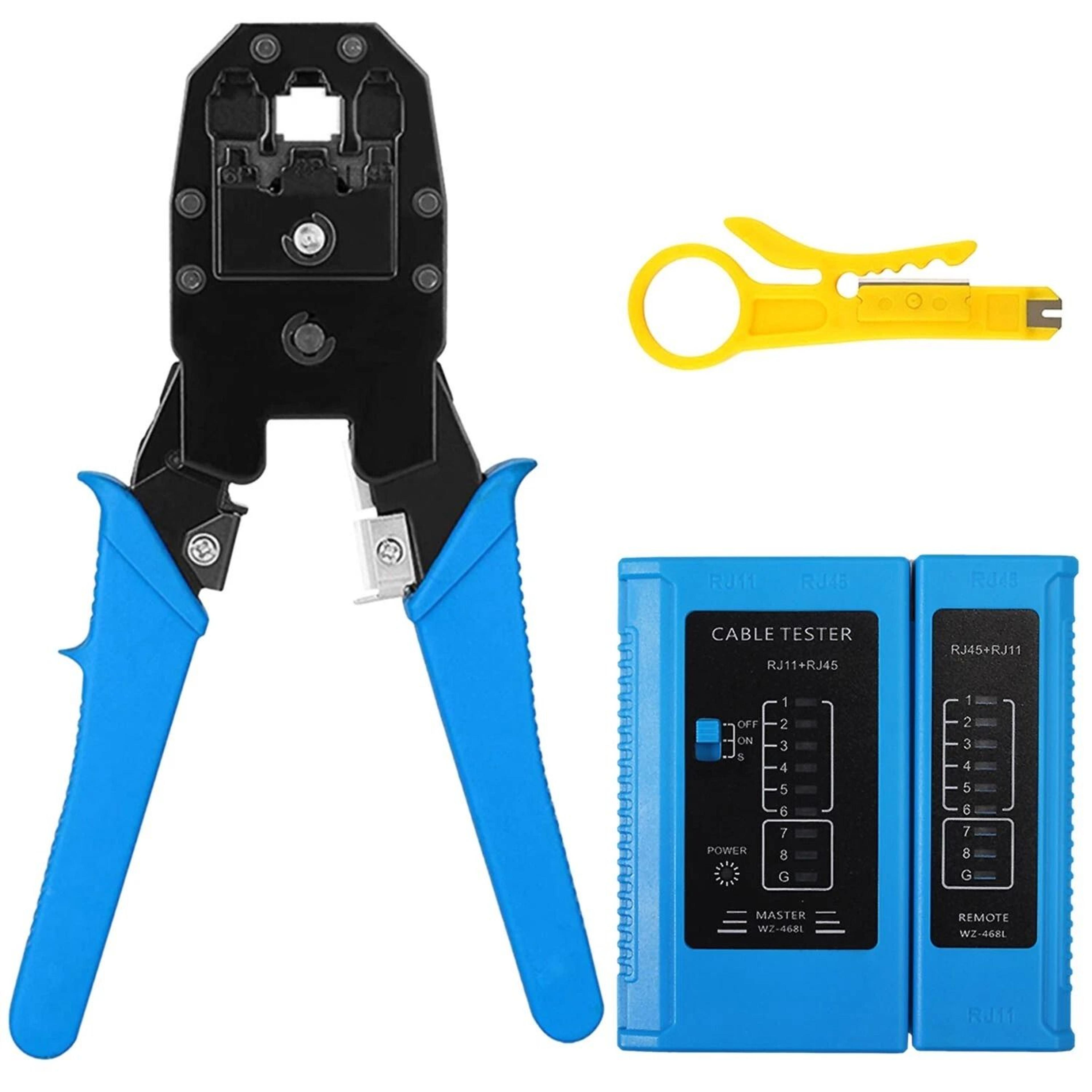 crimp tool kit with network cable tester and cable strippers
