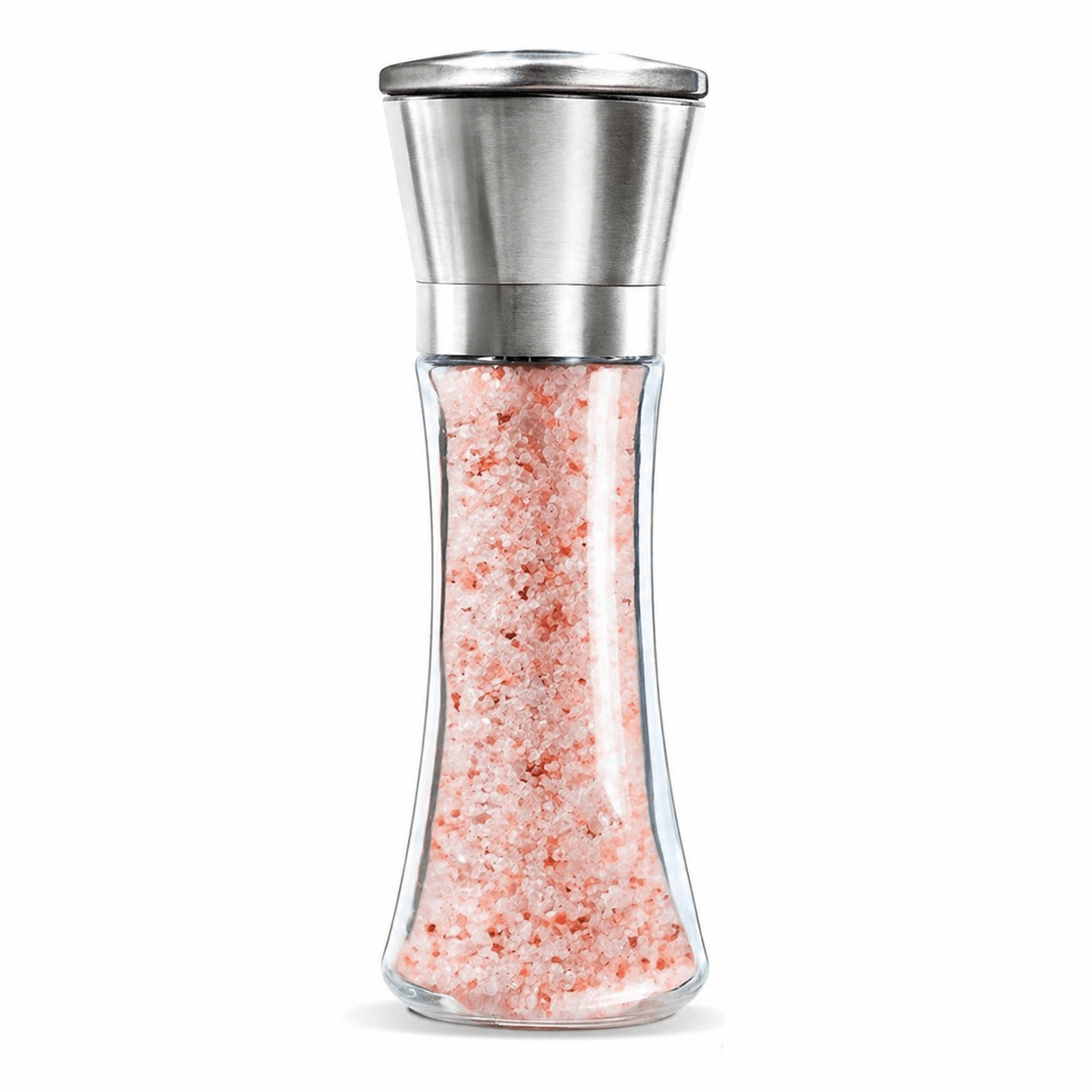 stainless steel salt and pepper grinder with refillable glass bottle
