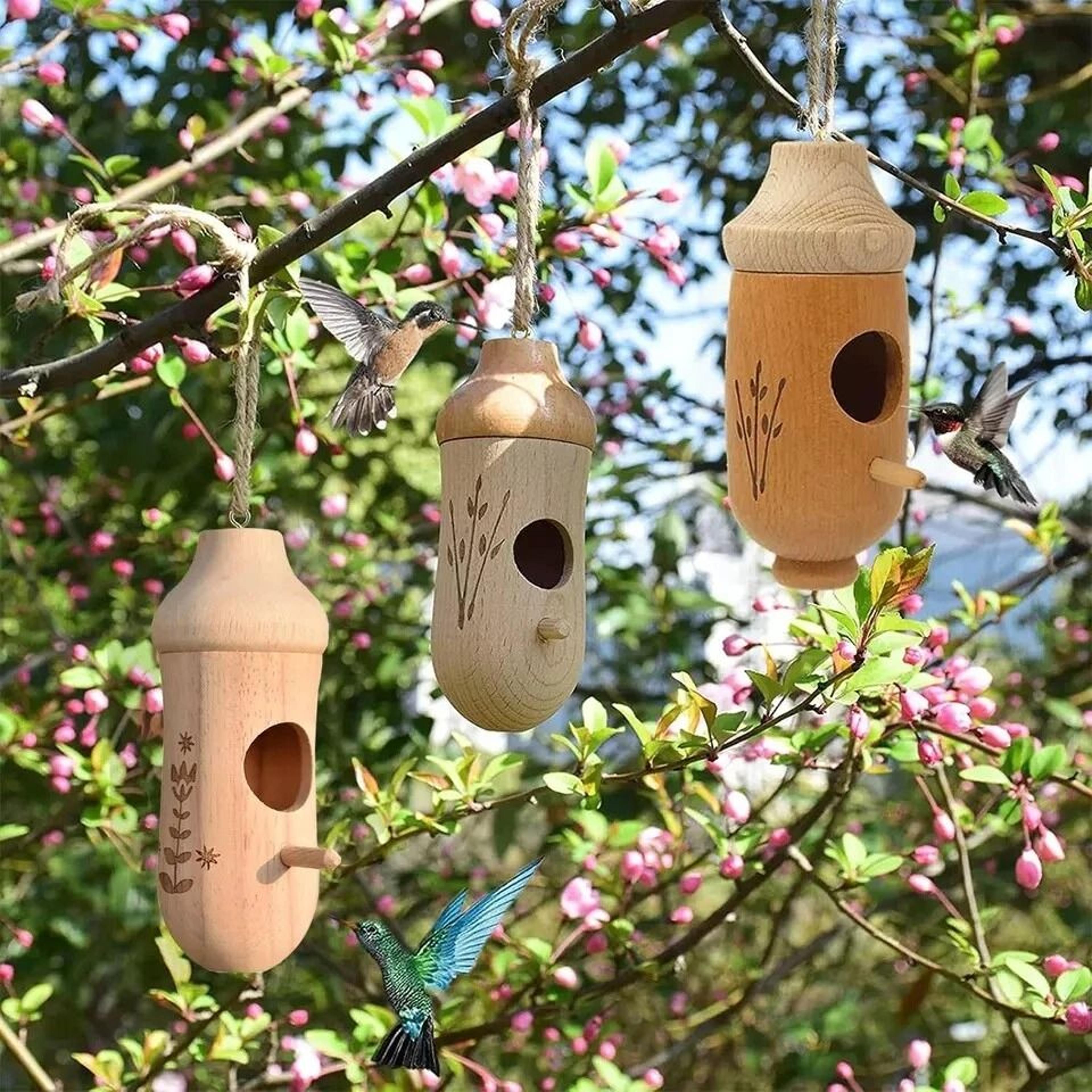 handcrafted wooden hummingbird house hanging garden decor