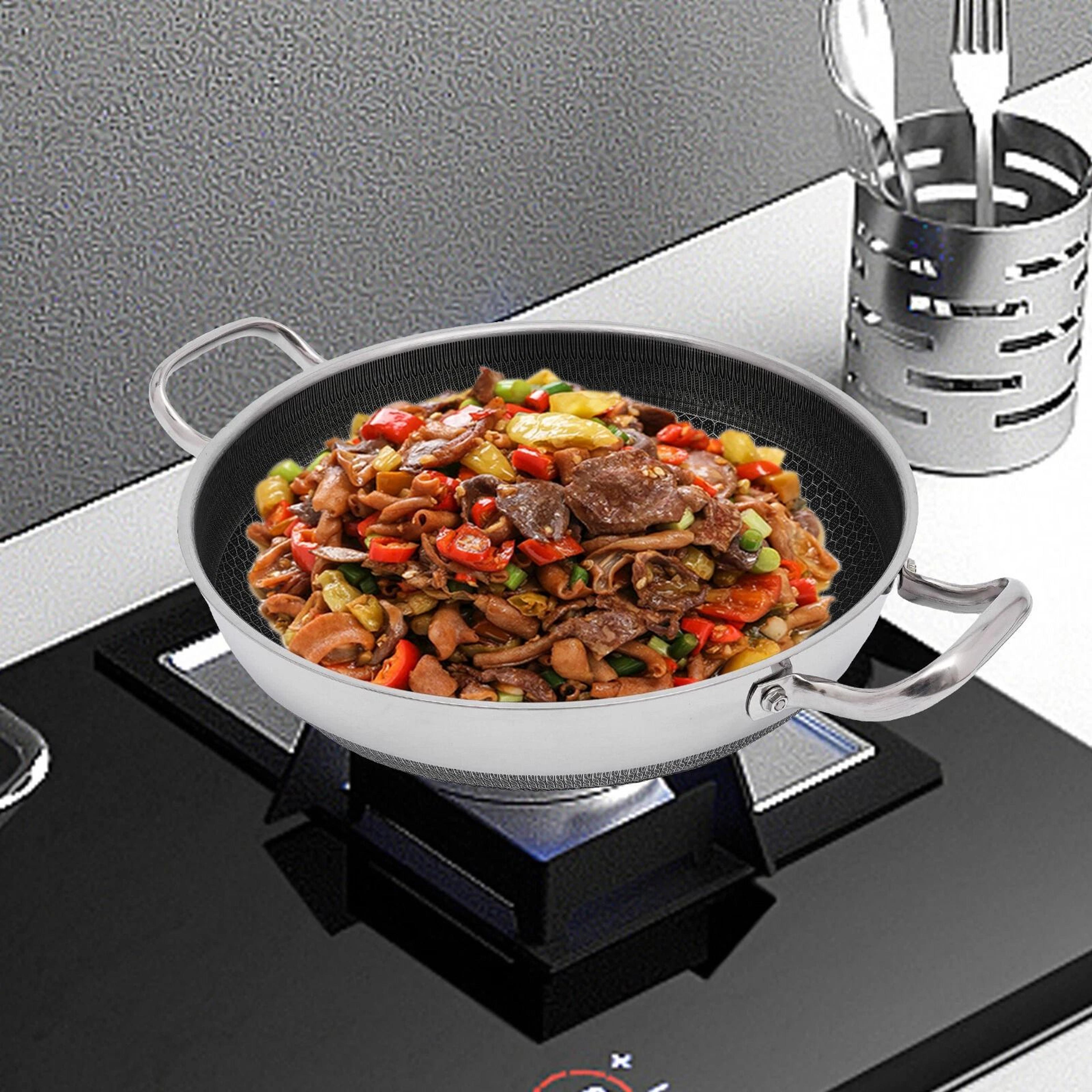stainless steel frying pan with lid premium non stick cookware for all hobs & induction