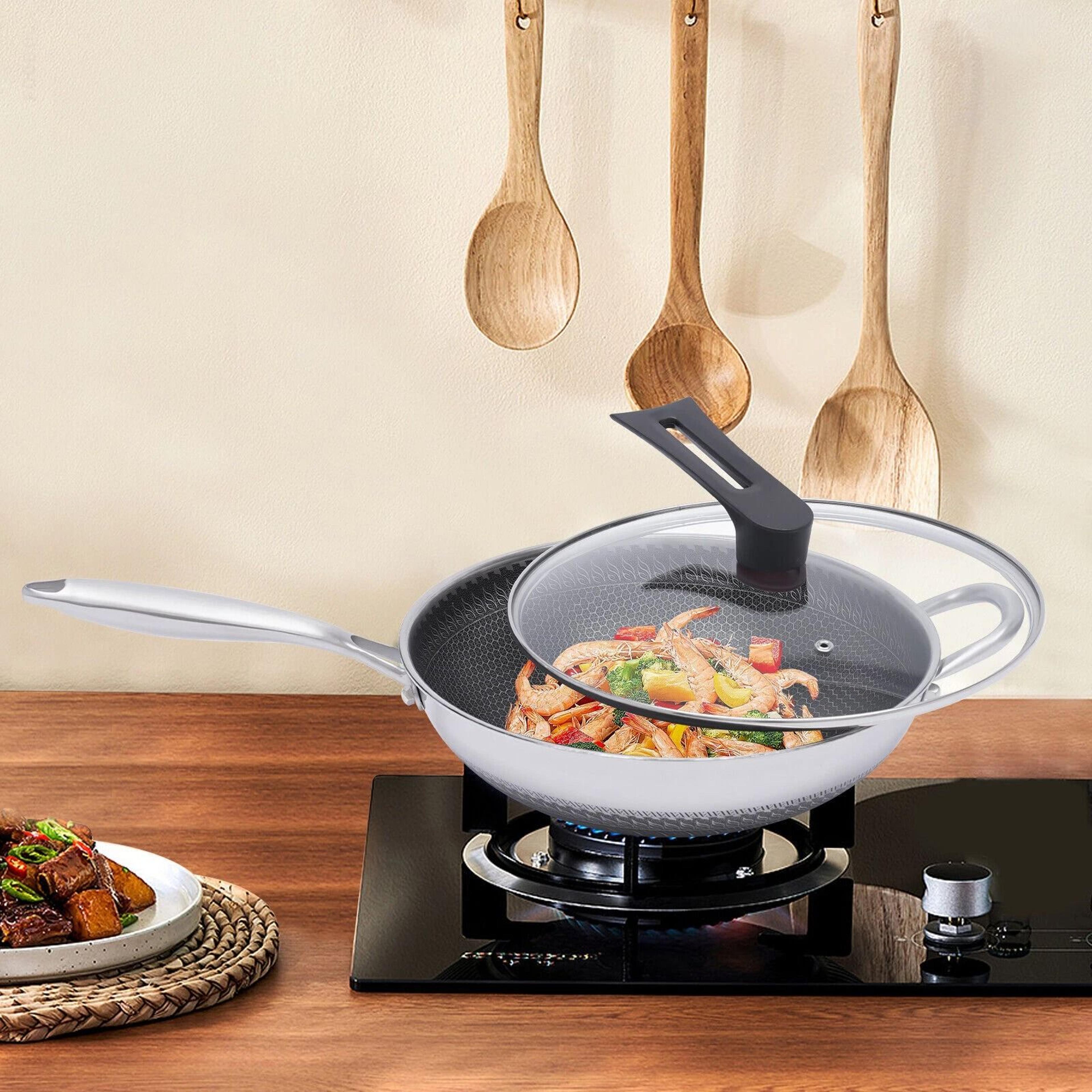 premium stainless steel honeycomb non stick wok pan with lid induction compatibles