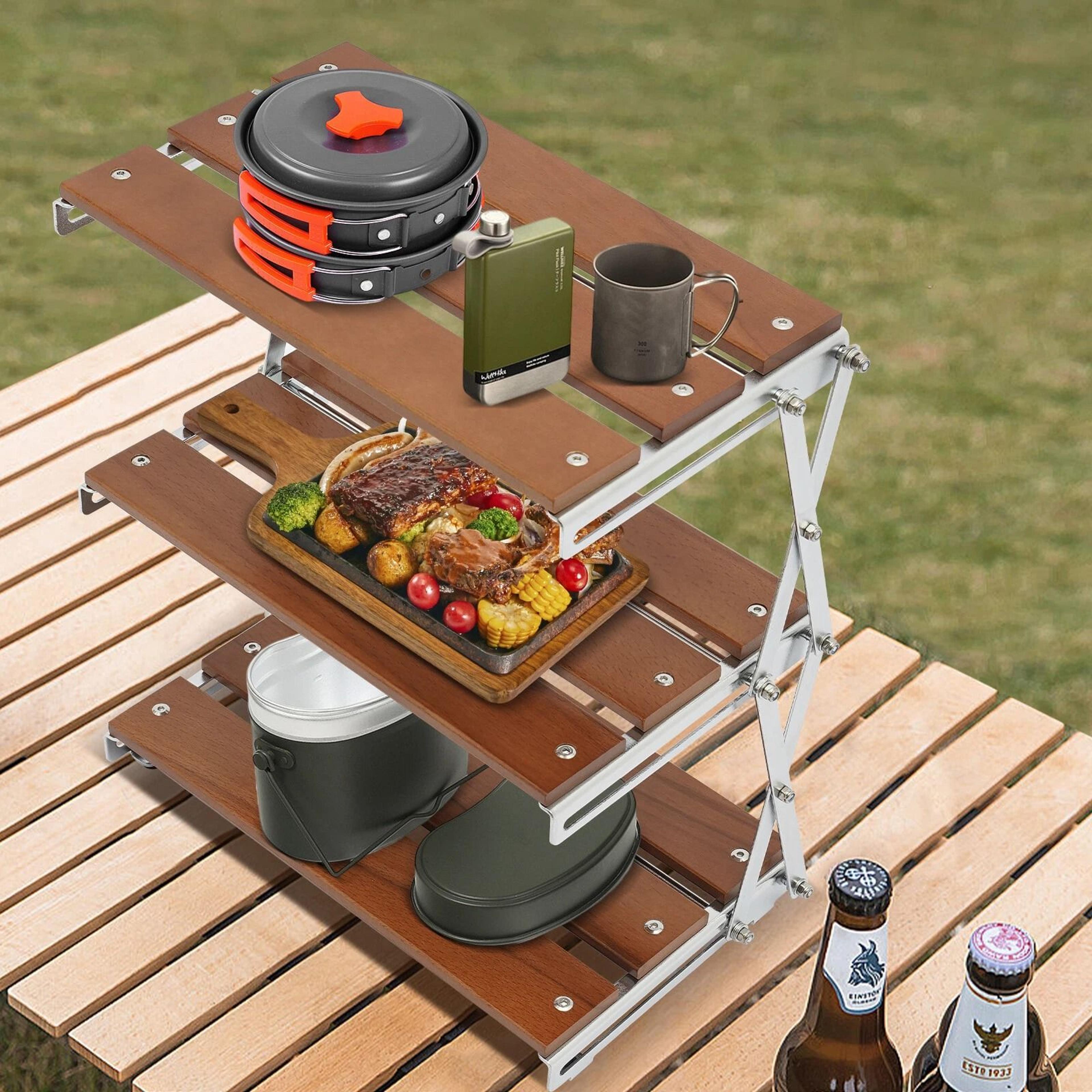 portable camping kitchen table with storage rack and folding outdoor cook station