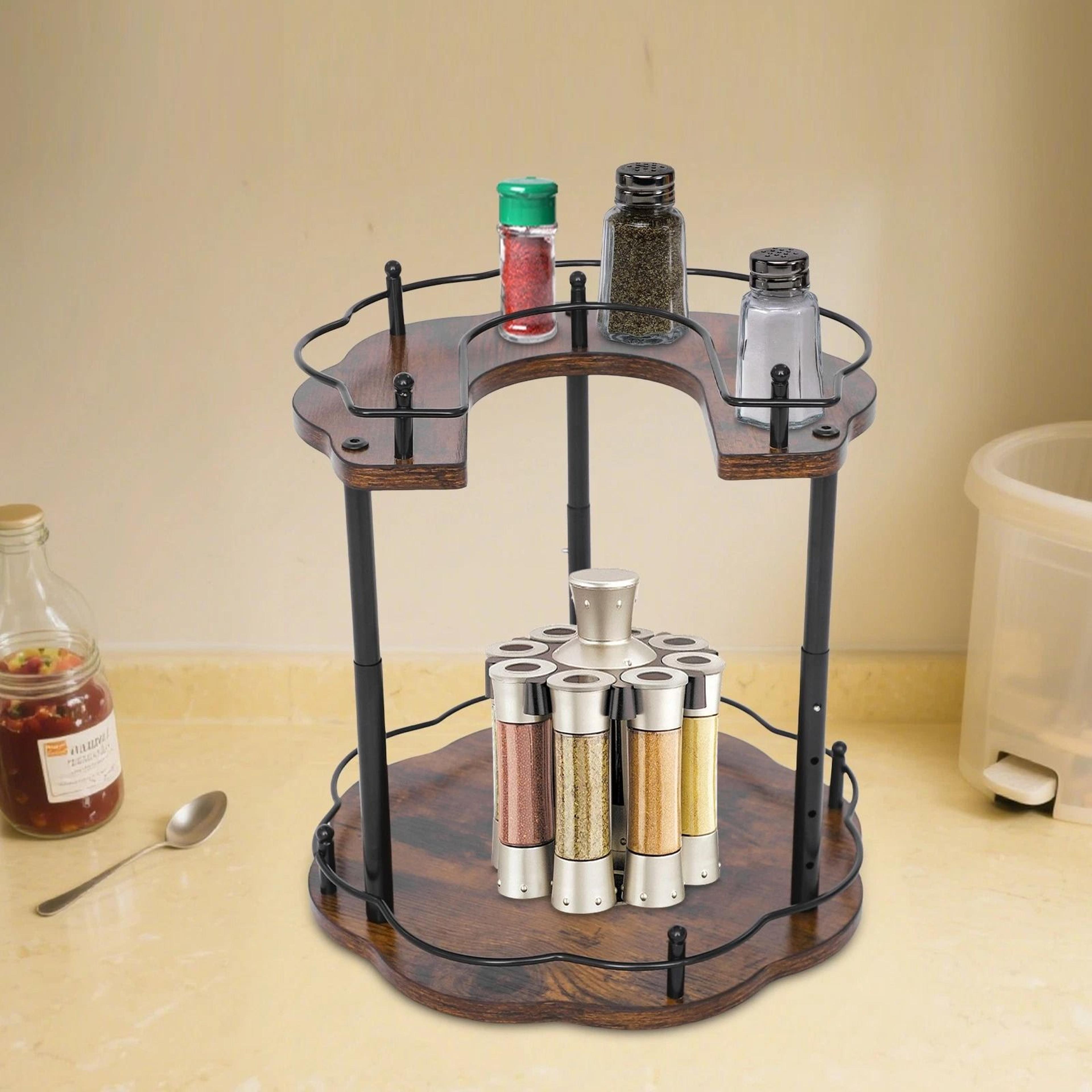 height adjustable rotating spice organizer rack for kitchen cabinets and countertops