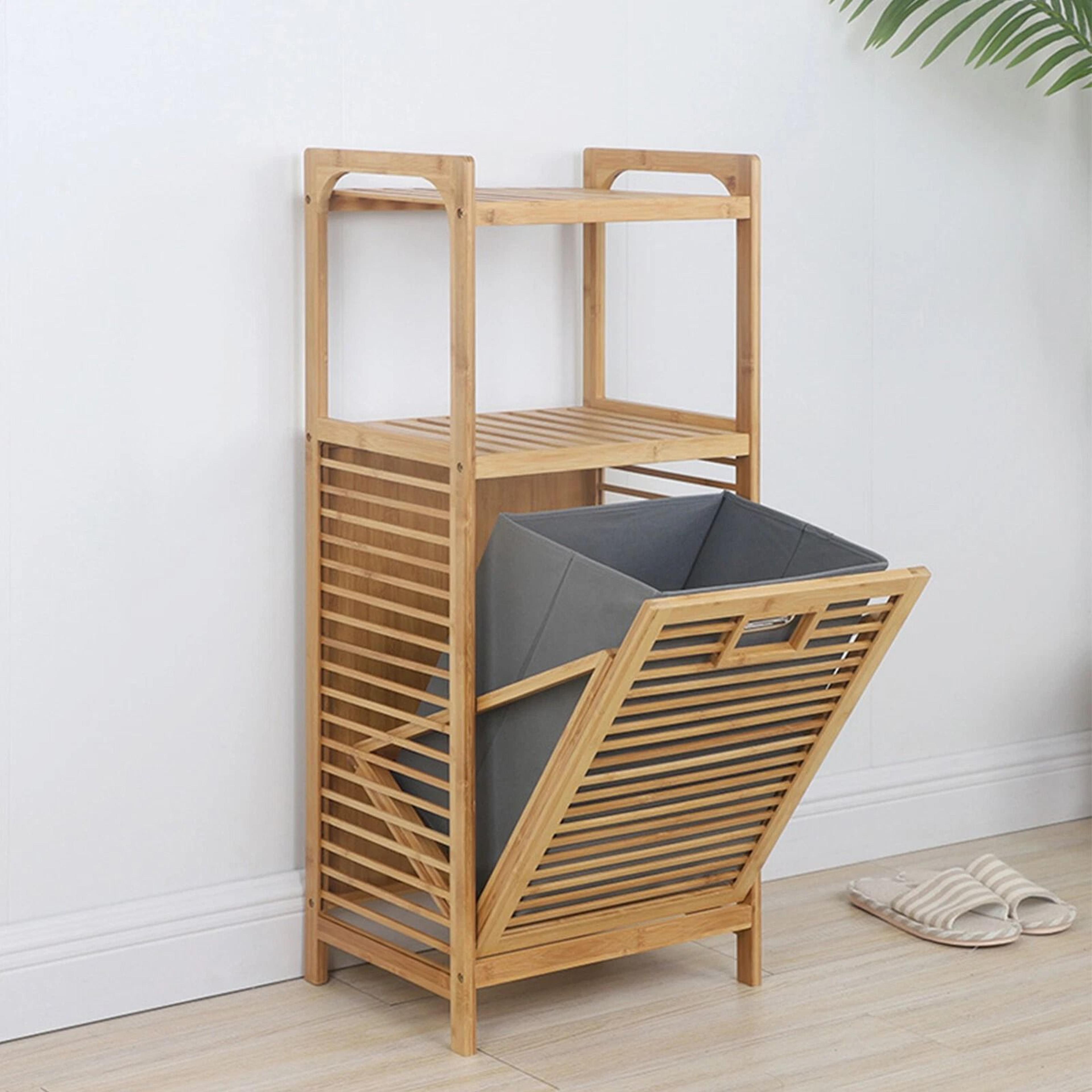 premium bamboo laundry hamper with tilt out basket & bathroom storage cabinet