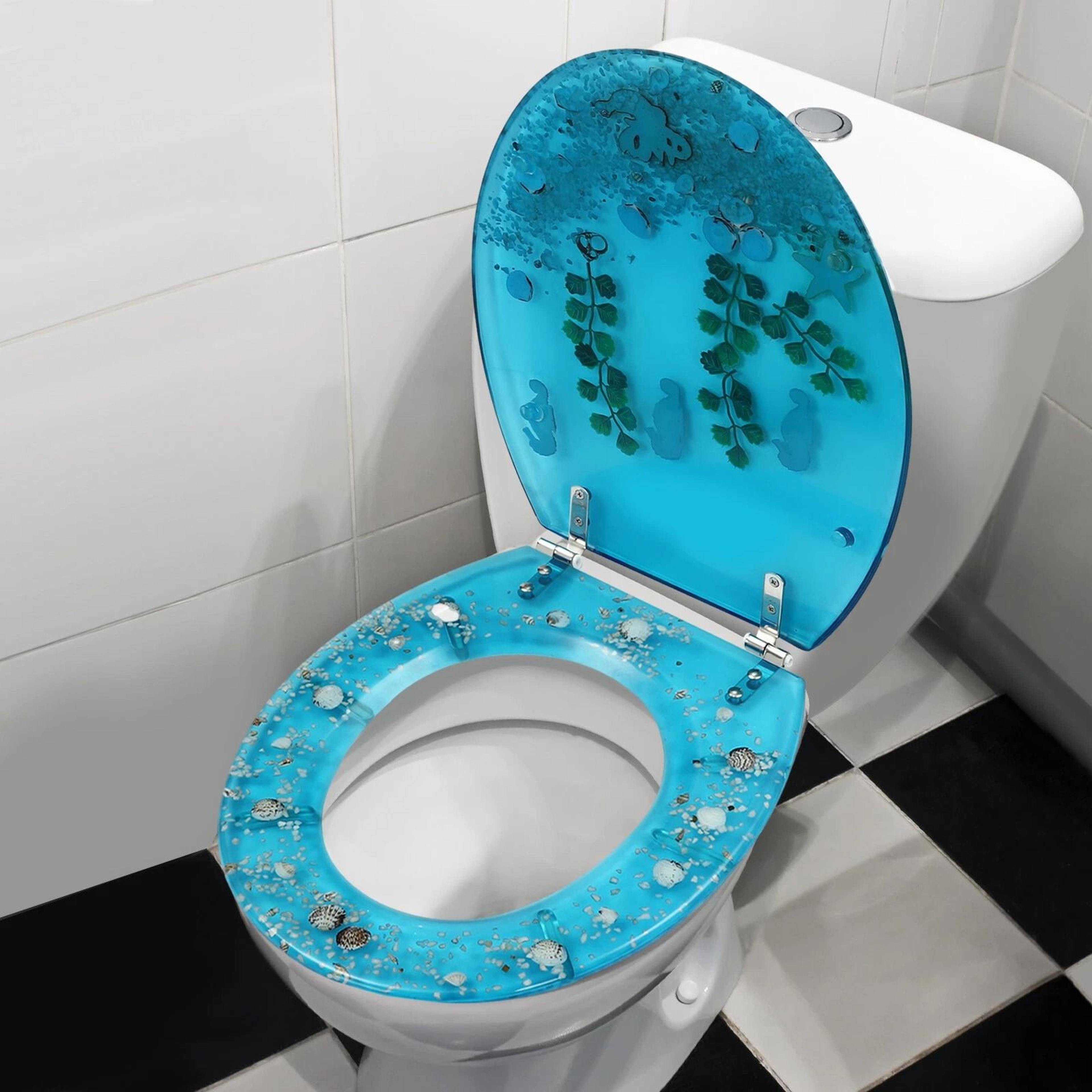 blue ocean resin toilet seat with fish and seashell aquarium design