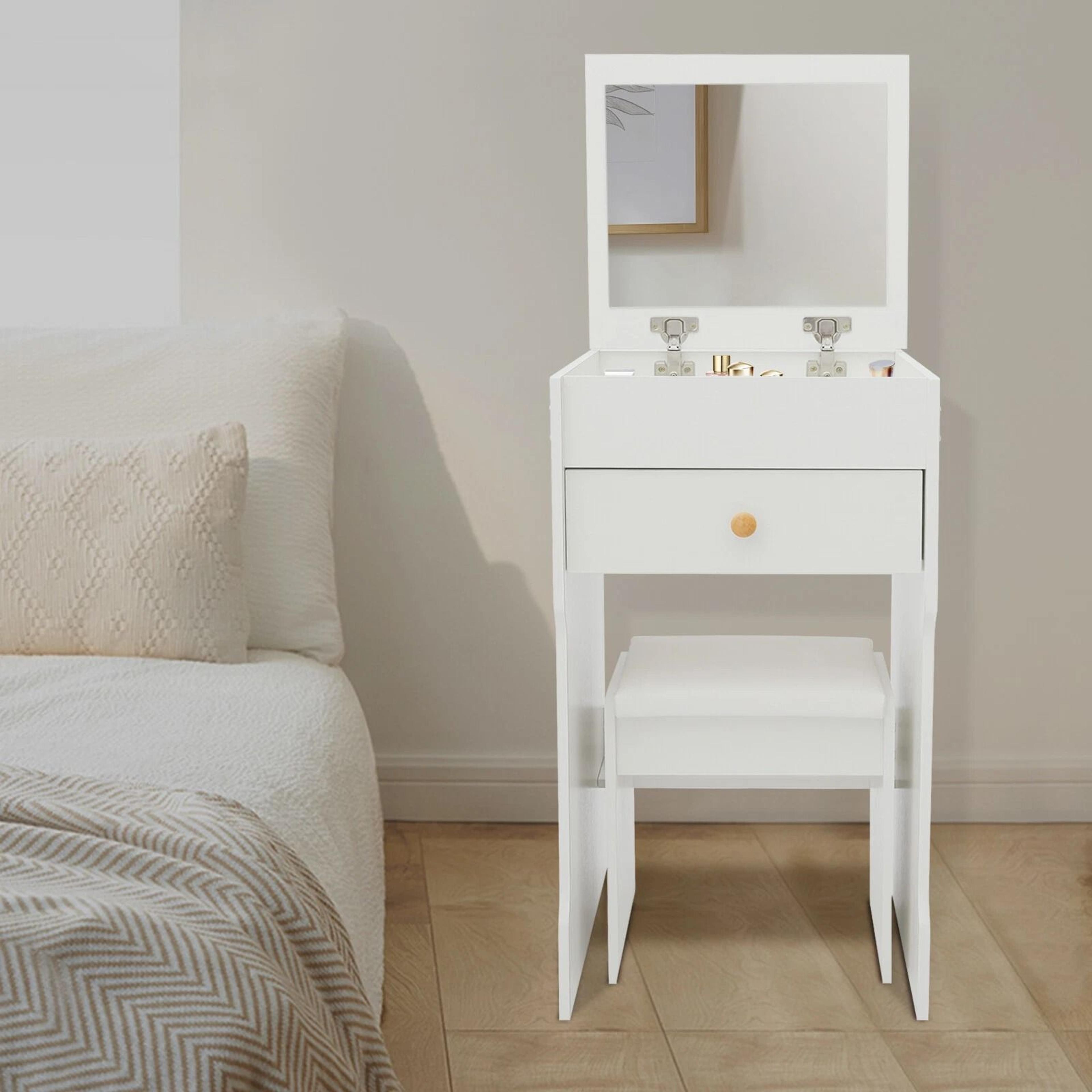 white makeup vanity with mirror, drawer and stool