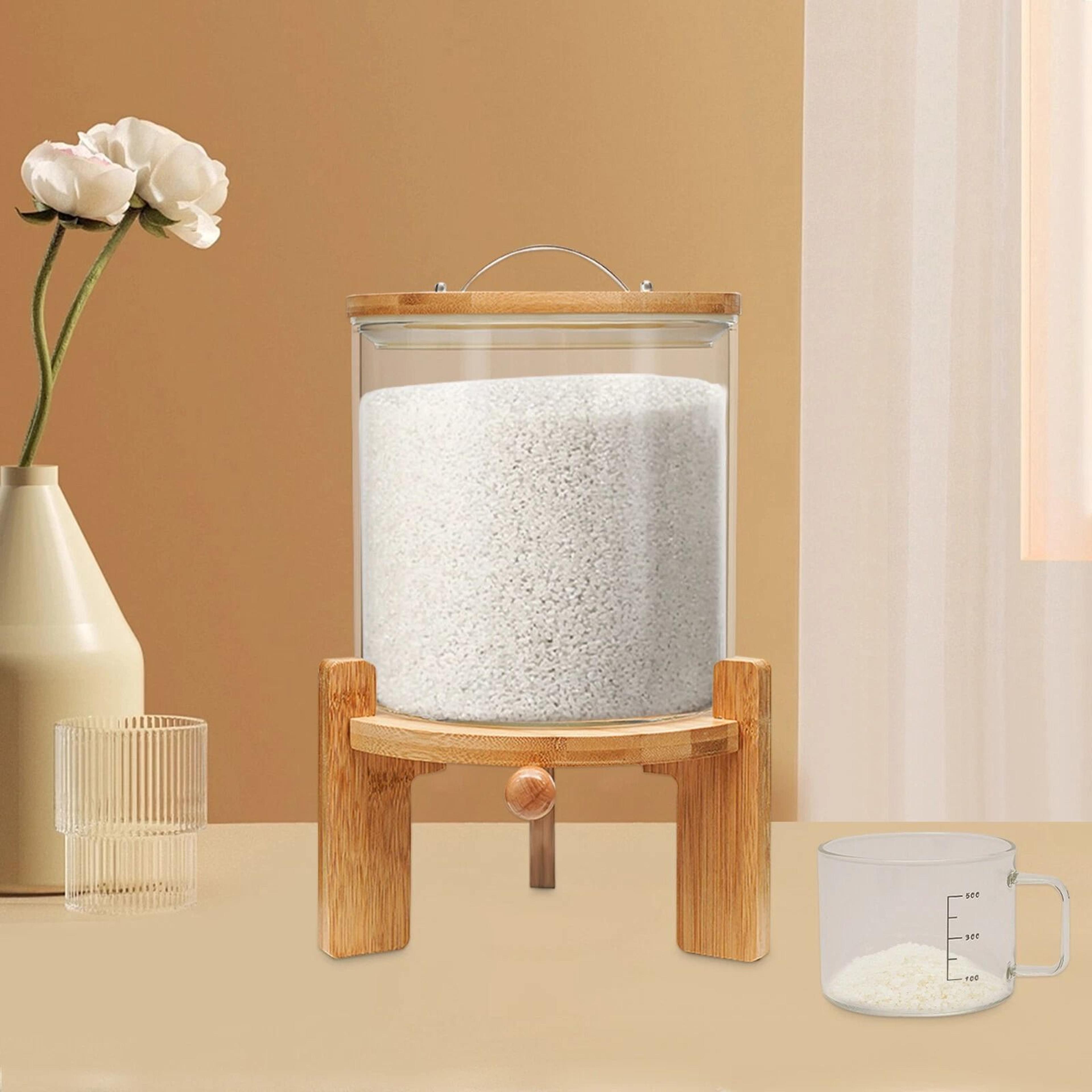 glass rice dispenser and grain container with wood stand countertop dry food & cereal organizer