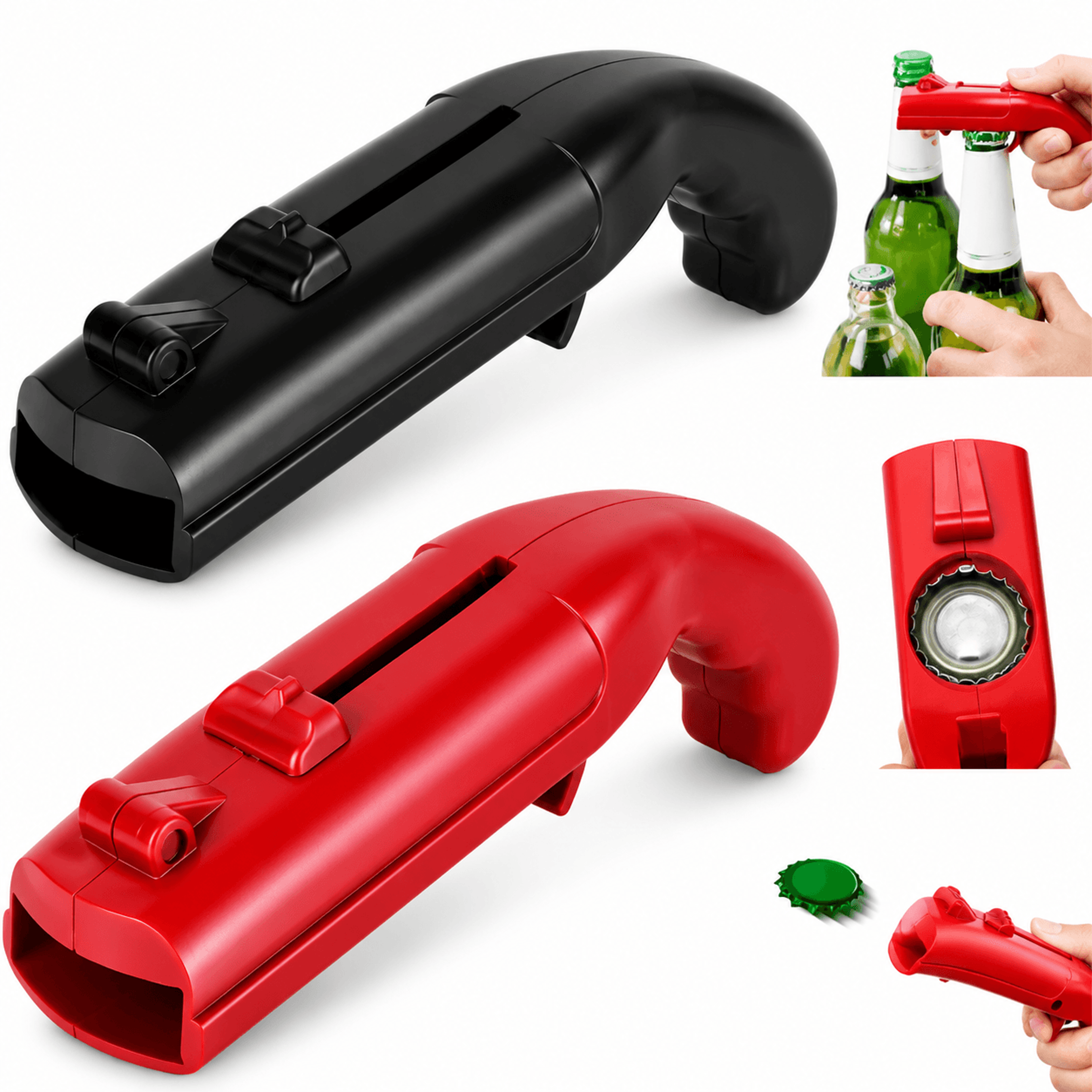 cap gun beer opener & novelty bottle opener with cap launcher