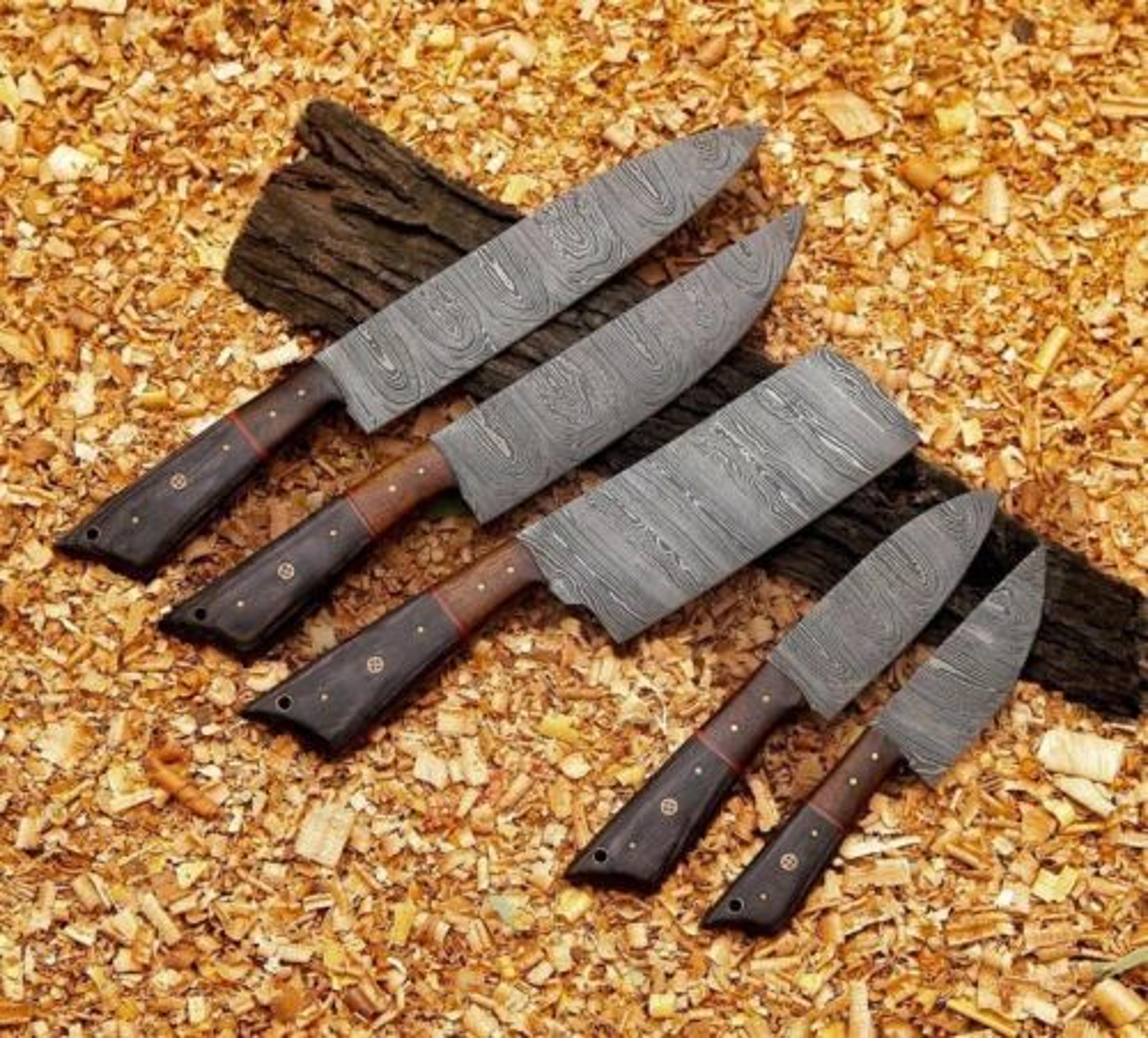 custom handmade damascus steel 5 piece chef knife set with leather sheath & wood handles