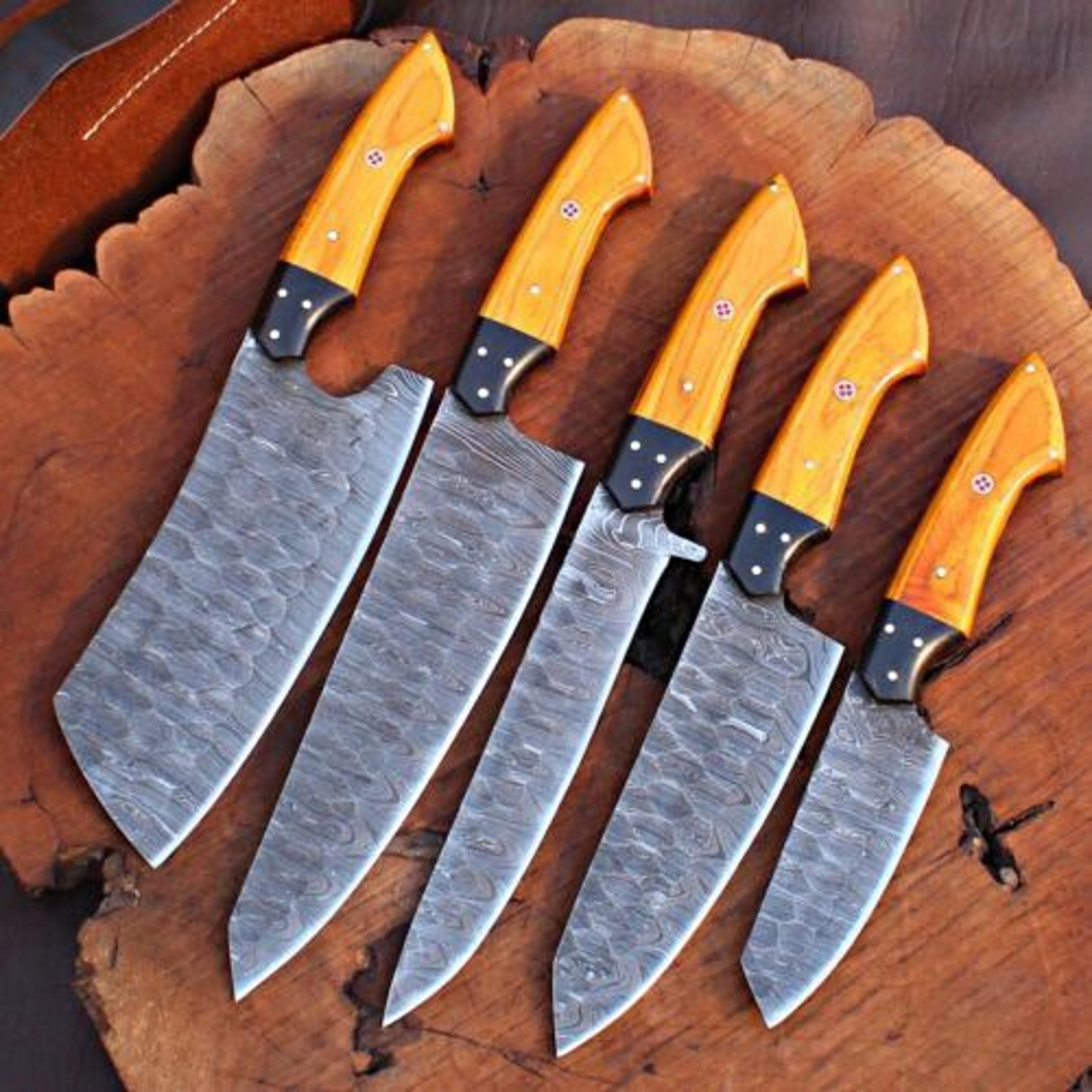 handmade damascus steel chef knife kitchen set with leather bag & wooden handles