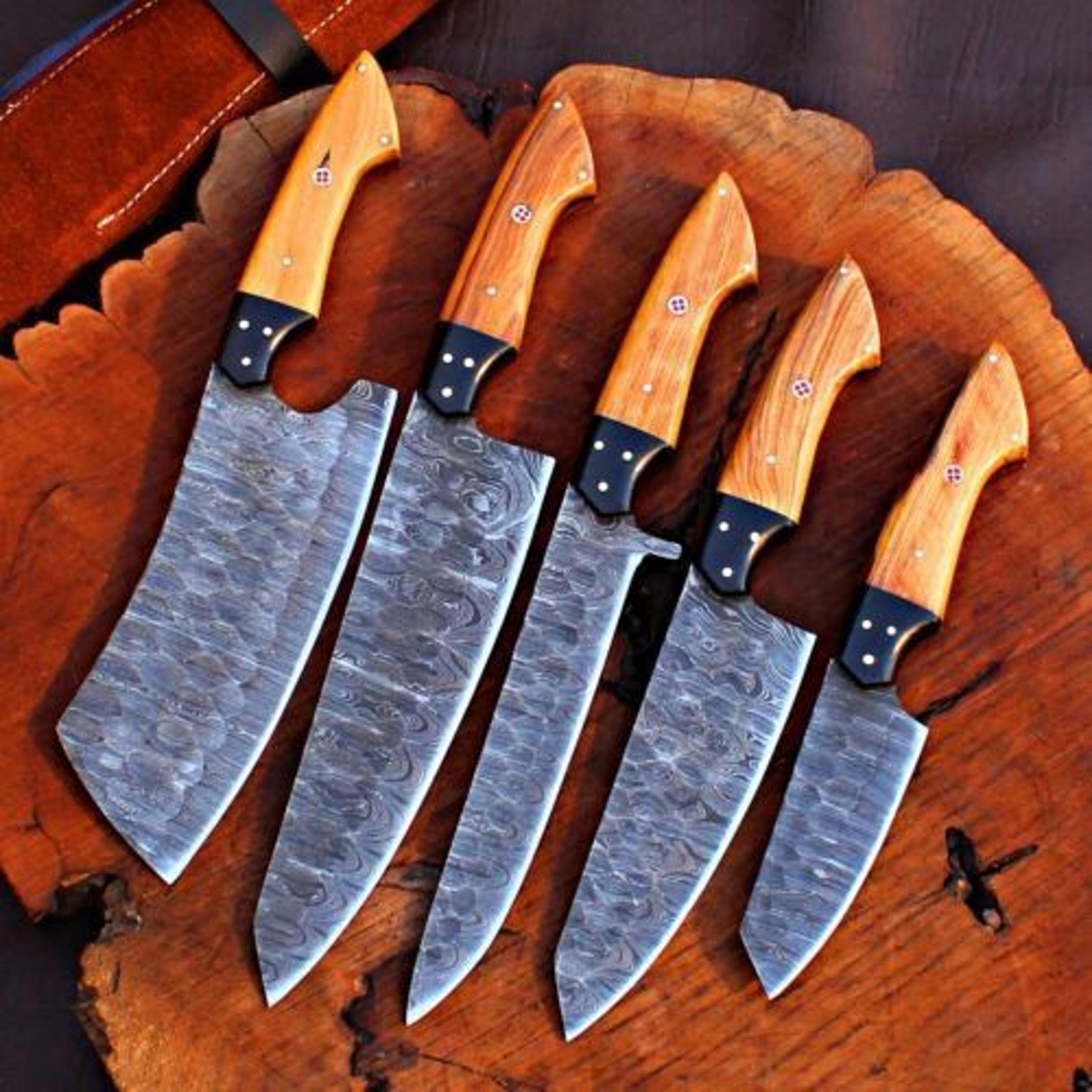 handmade damascus steel chef knives kitchen set with leather bag