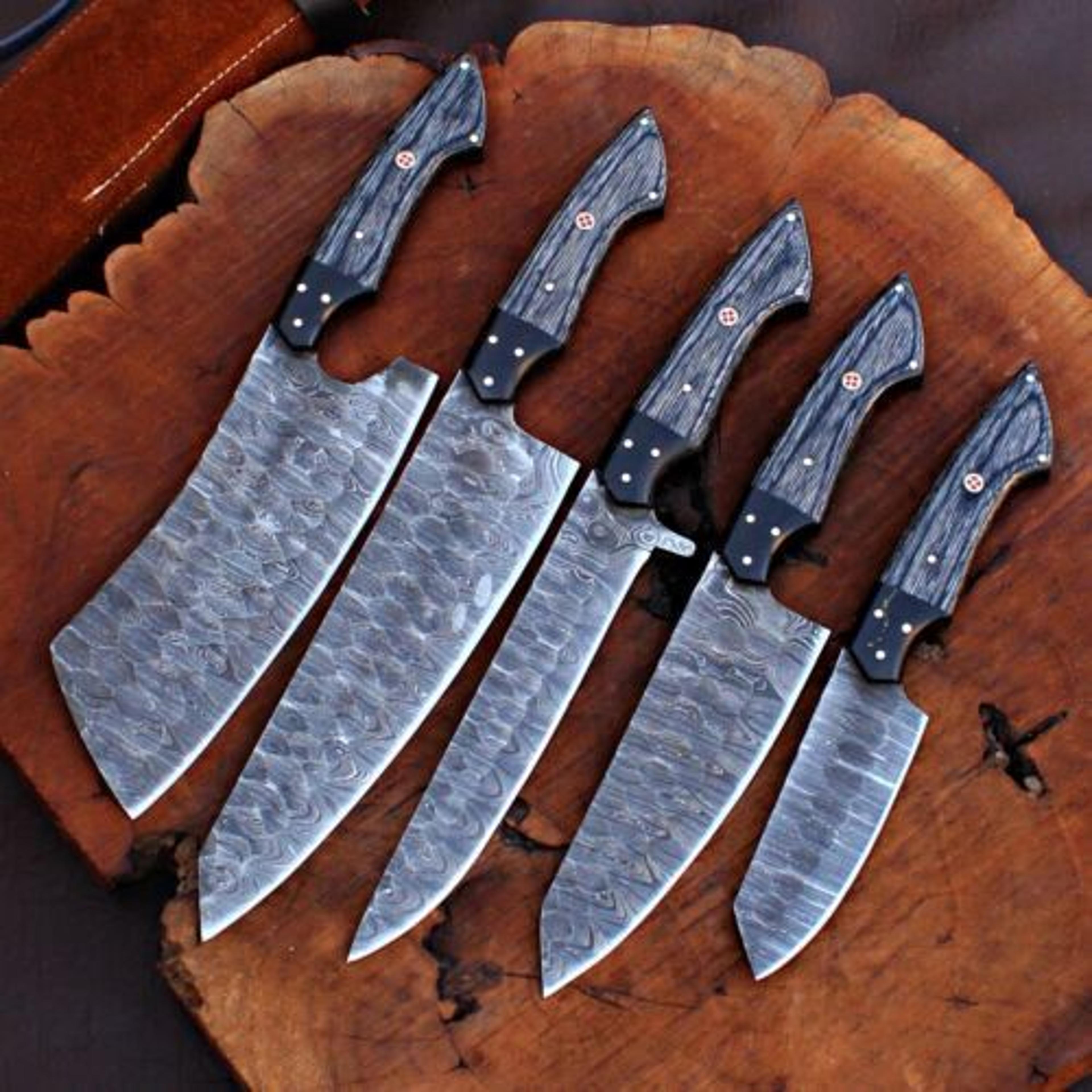handmade damascus steel chef knives kitchen set with leather bag & wooden handles