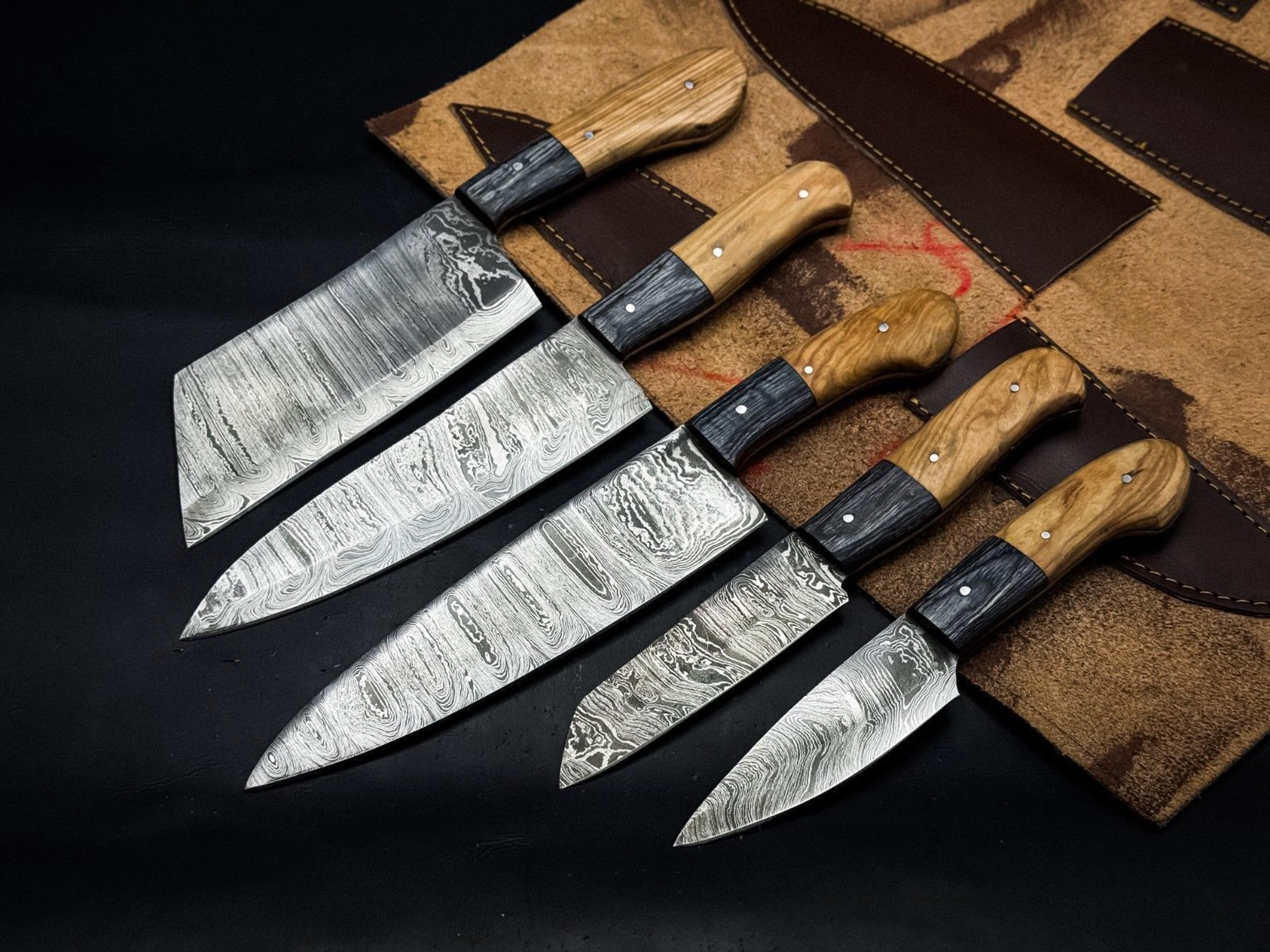 handmade twist damascus chef knife set of 5 with wooden bolsters & sheath