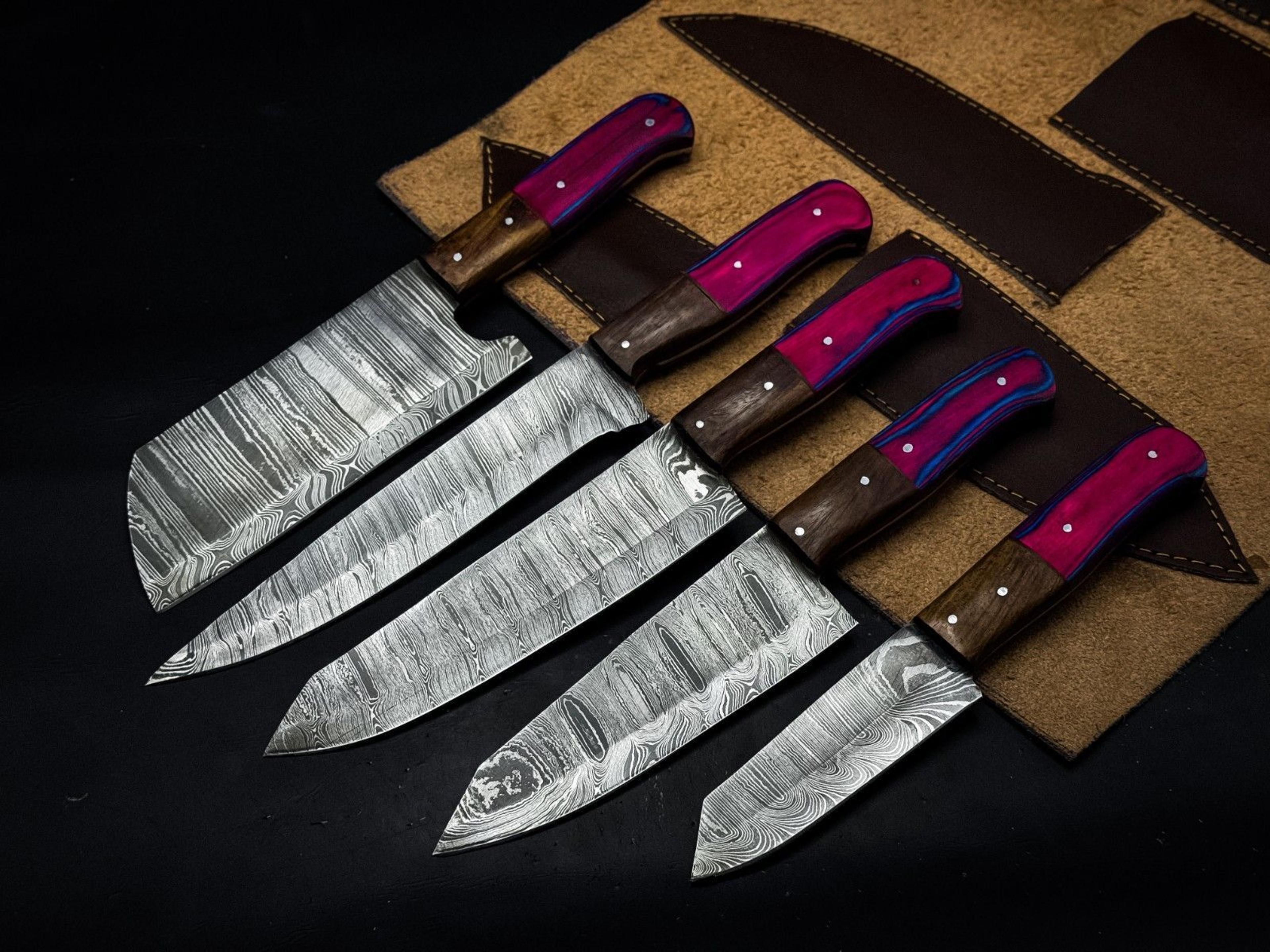 handmade twist damascus chef knife set of 5 with hardwood handles, wooden bolsters