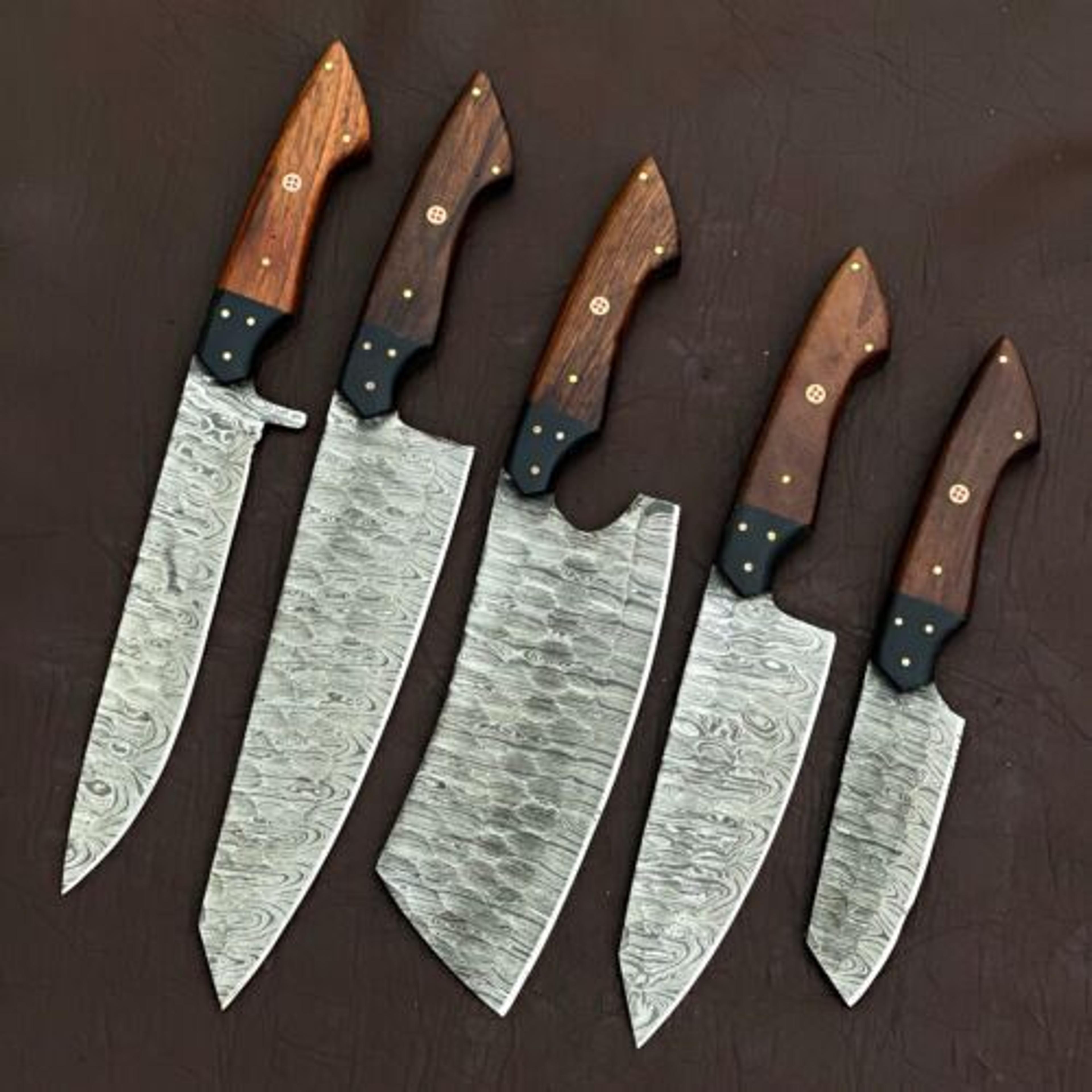 5pcs custom handmade damascus steel kitchen knife set with leather bag