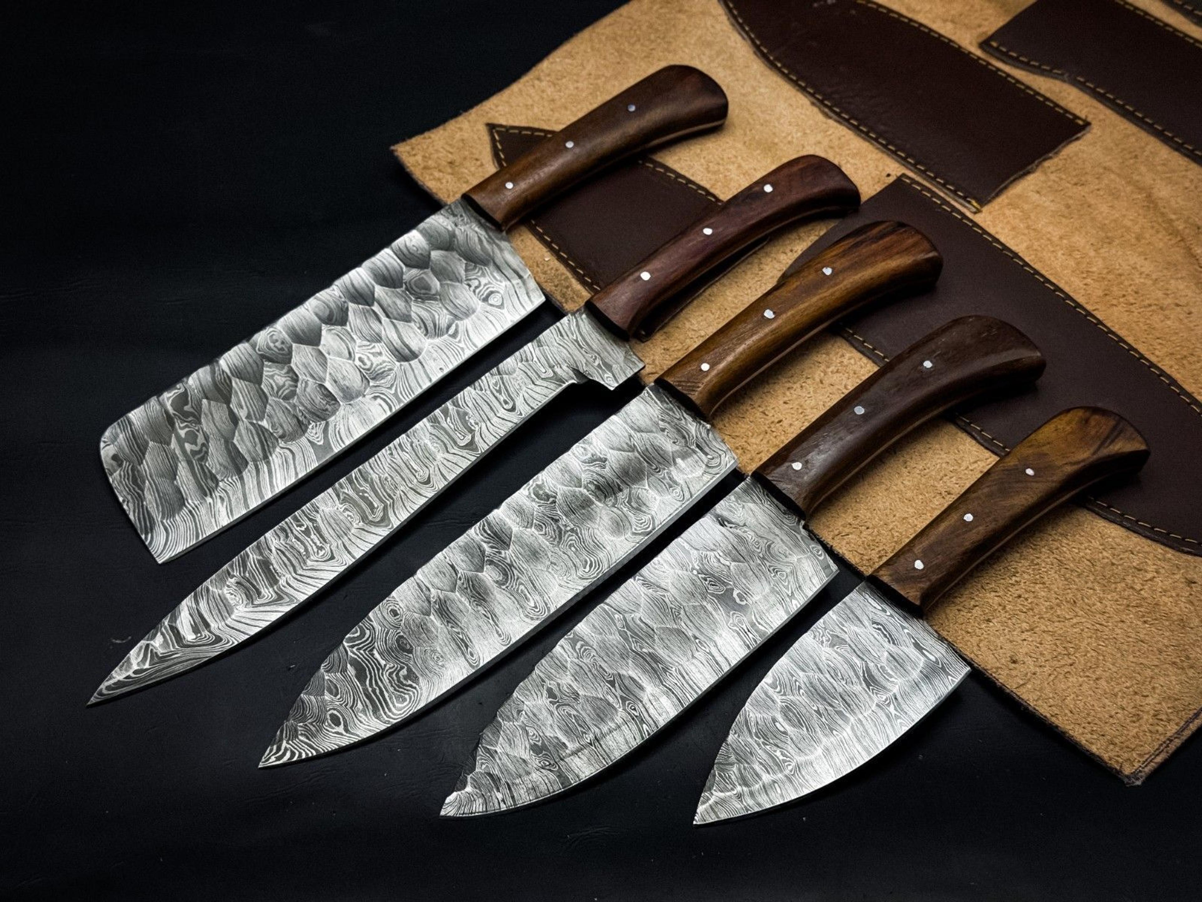 handmade twist damascus chef knife set of 5 with wooden bolsters