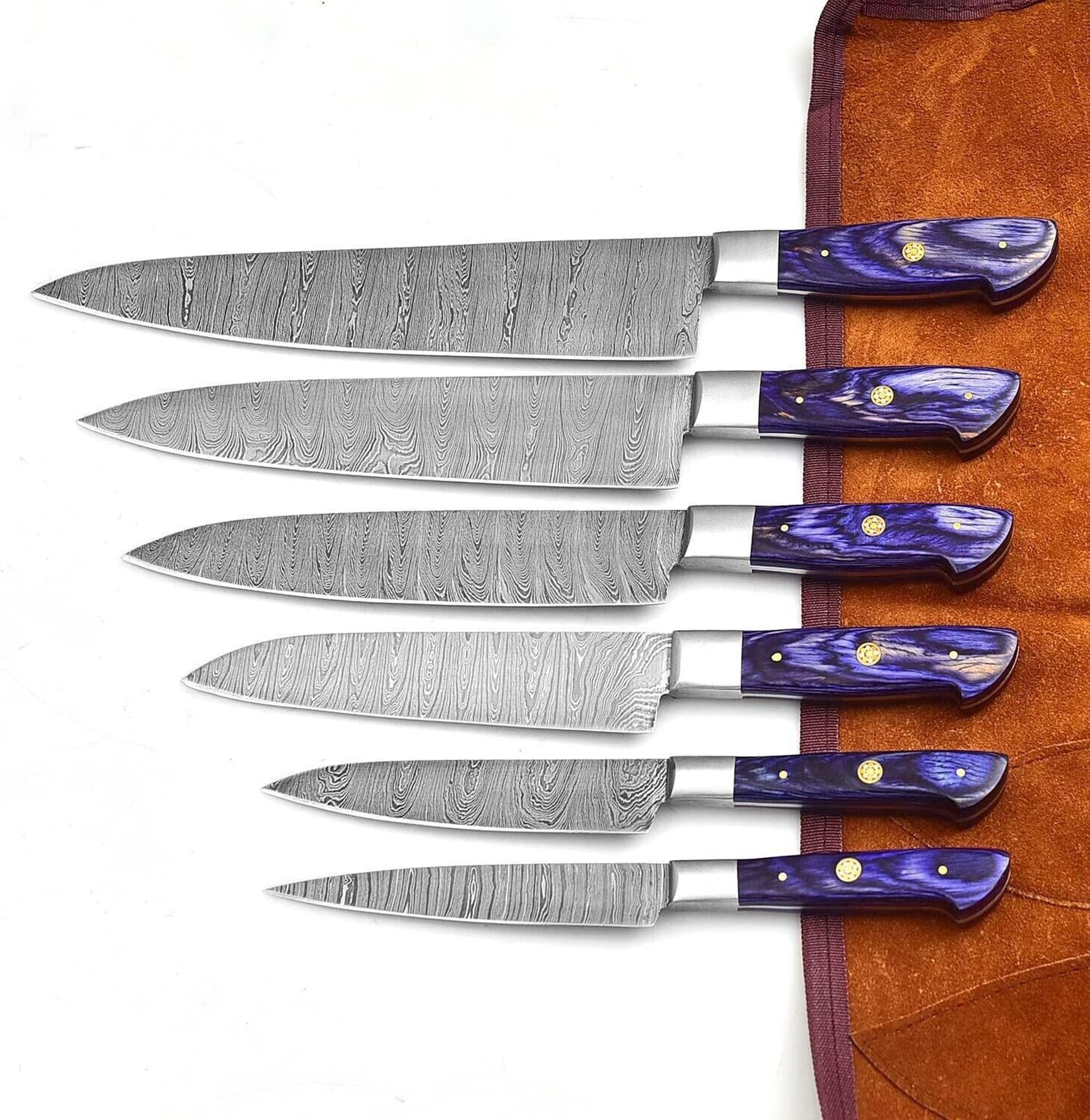 custom handmade damascus steel kitchen chef knife set – 6-piece with leather roll & purple wood handles