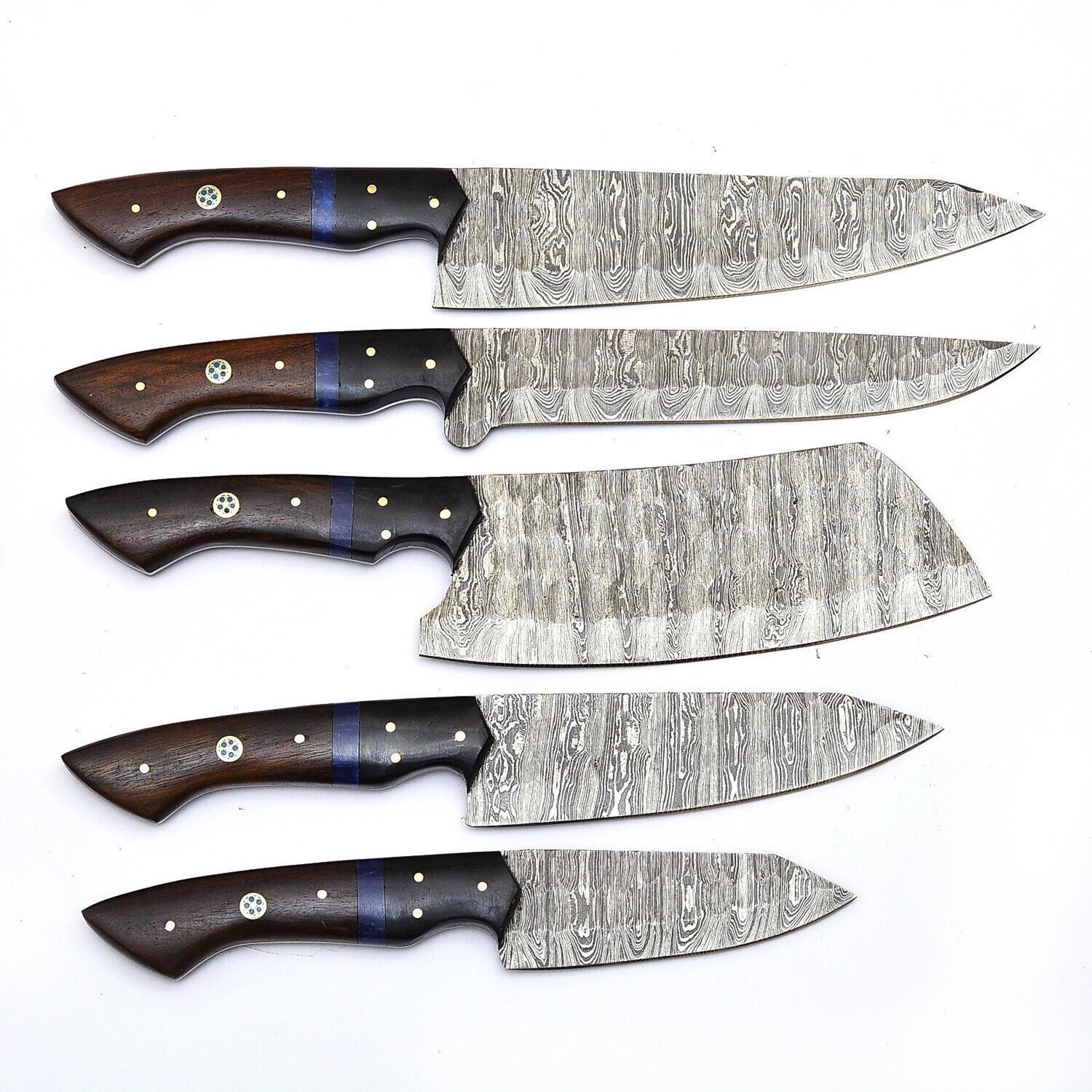 handmade damascus steel 5-piece chef knife set – outdoor kitchen knives with rosewood & horn bolsters