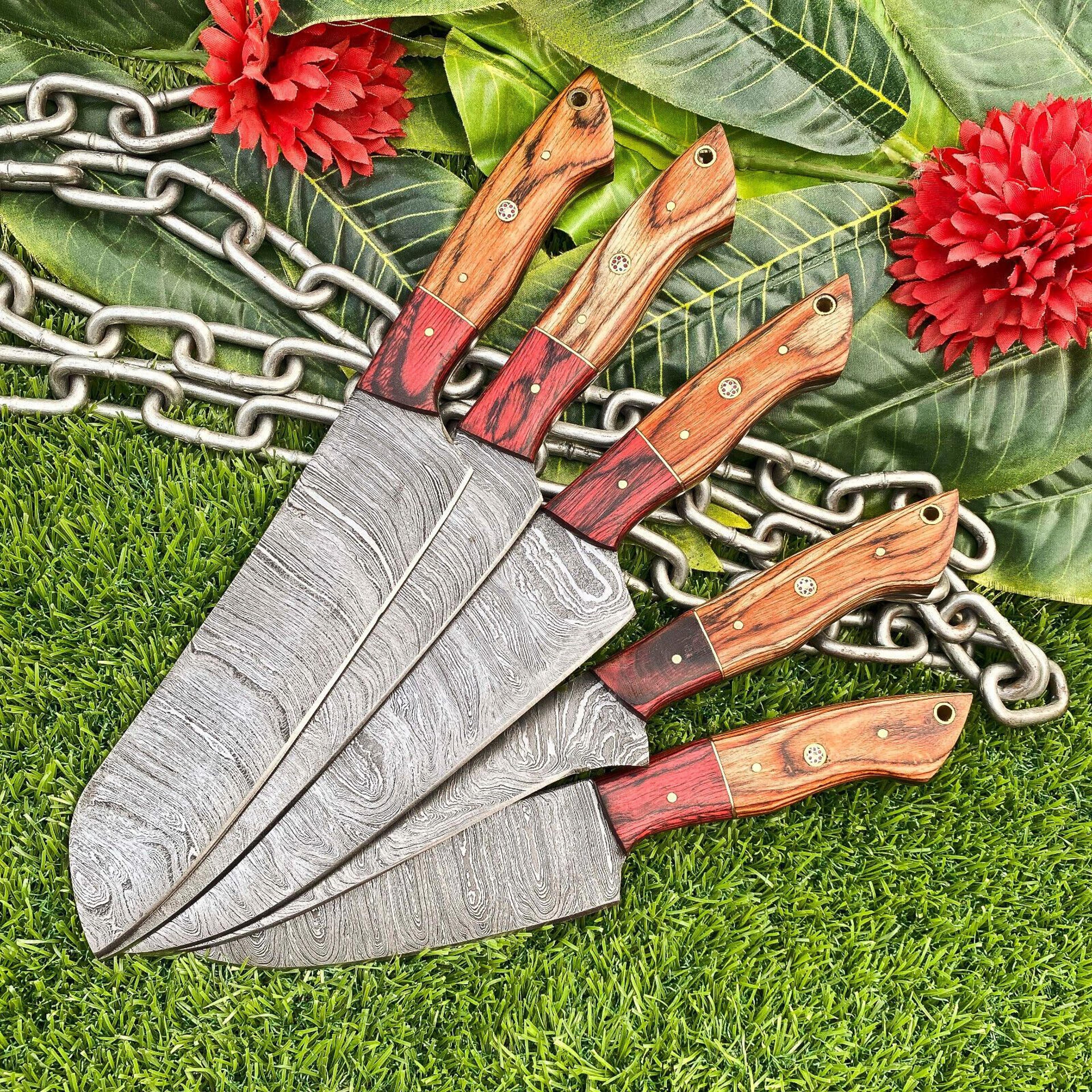 5 custom handmade damascus steel chef knife set – full tang kitchen & edc knives