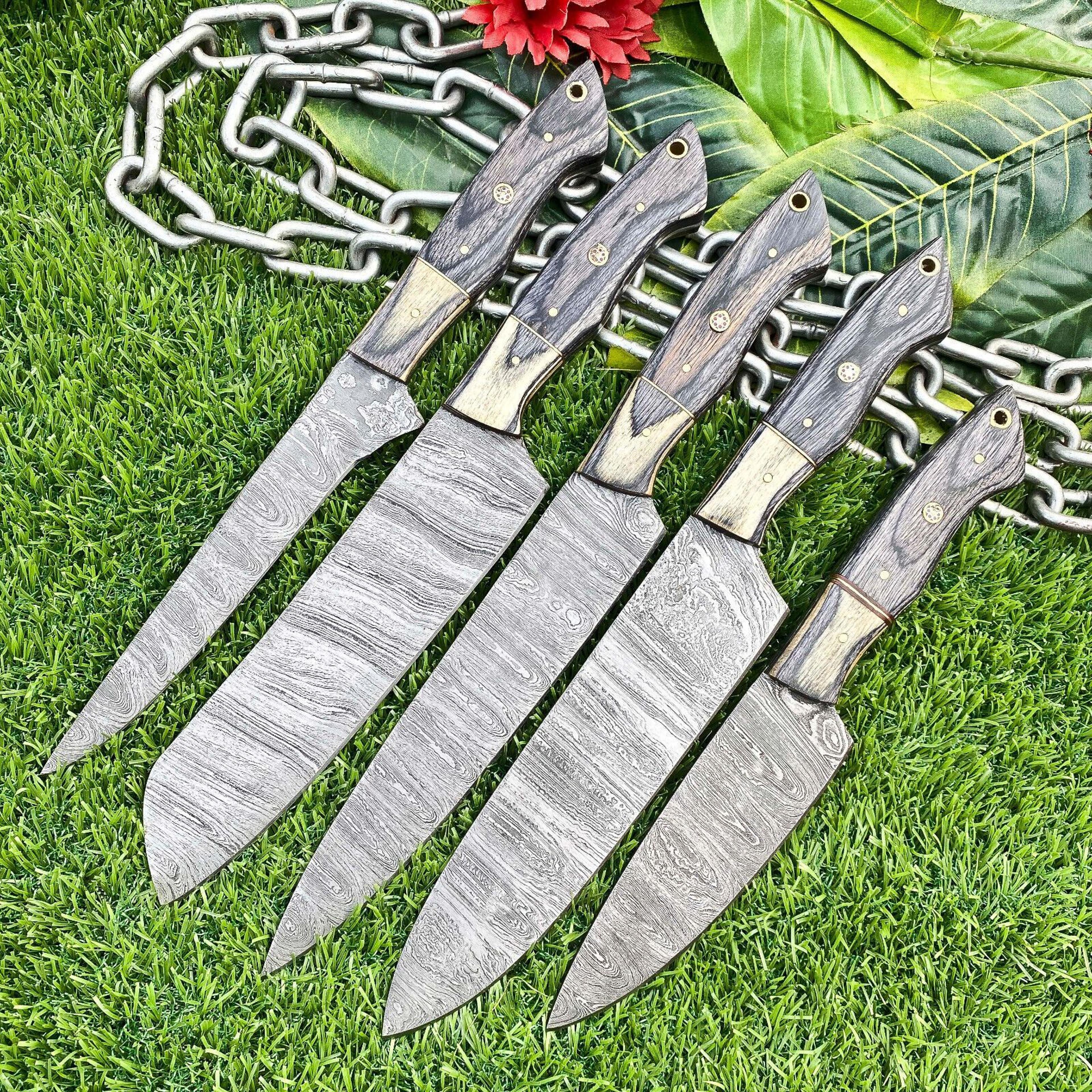 handcrafted damascus 5 piece kitchen knife set – precision cut, full tang, razor sharp blades