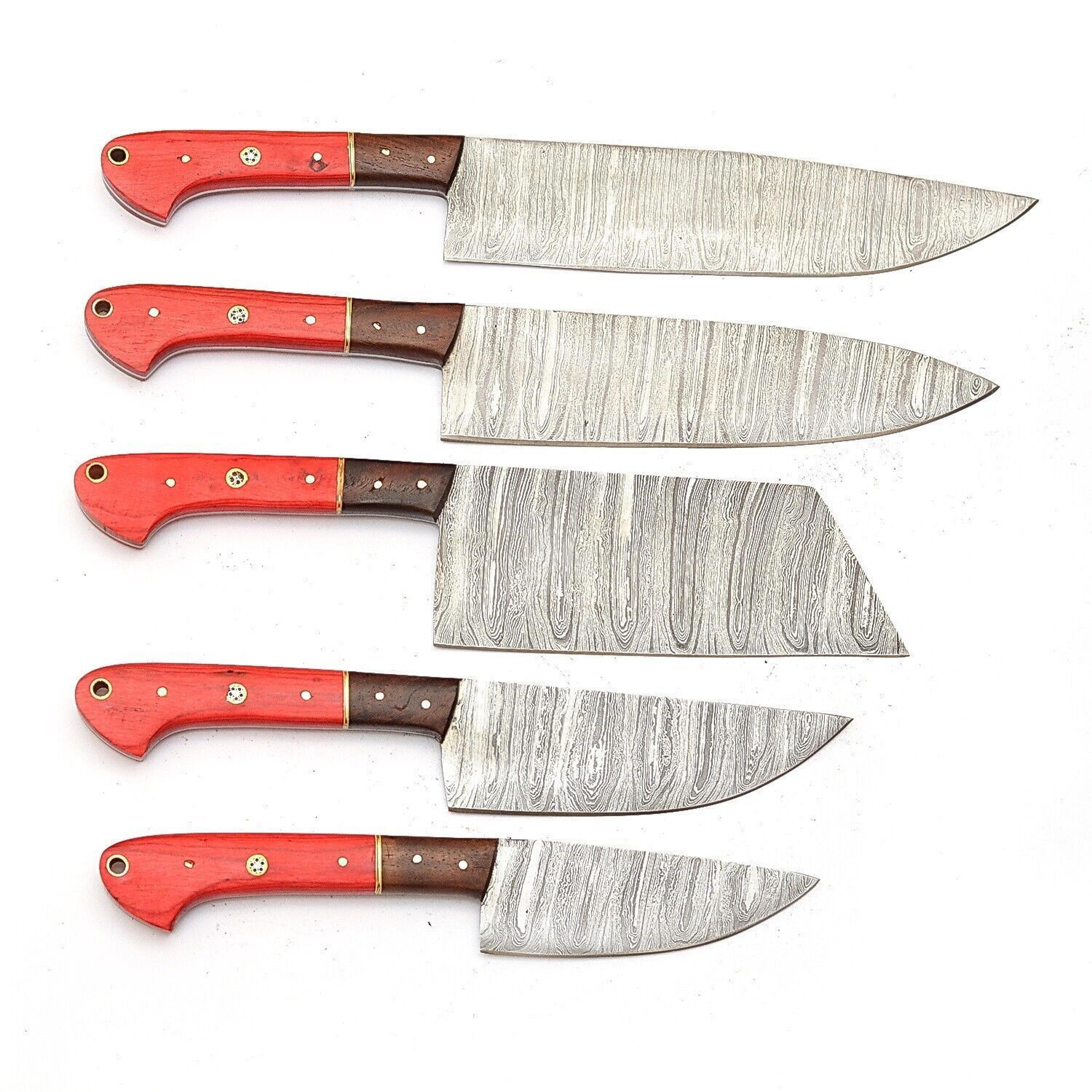 handmade damascus steel outdoor kitchen 5 chef knives set | pakka wood & bull horn handle with leather sheath