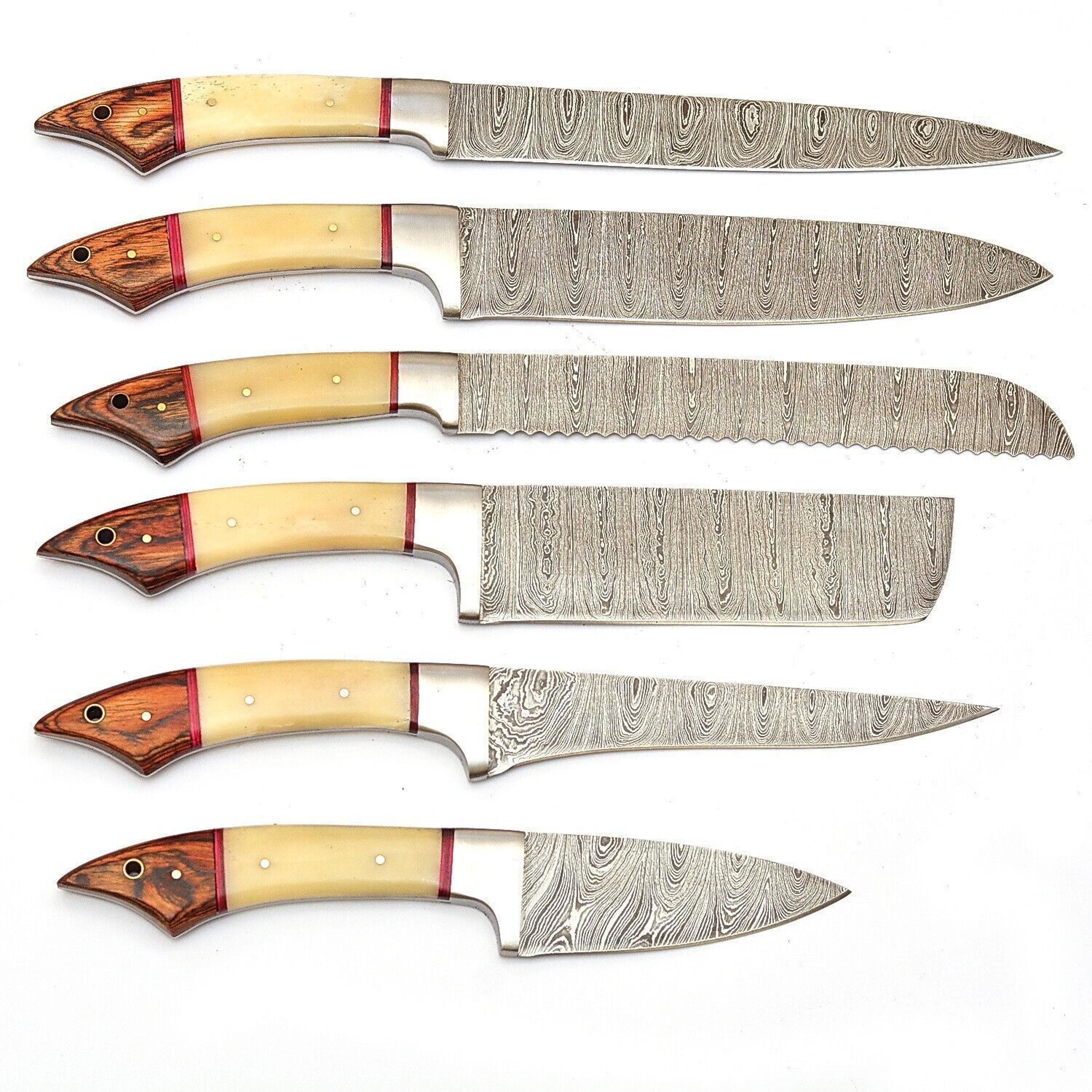 handmade damascus steel outdoor kitchen 6 chef knives set with bone & wood handle + leather sheath