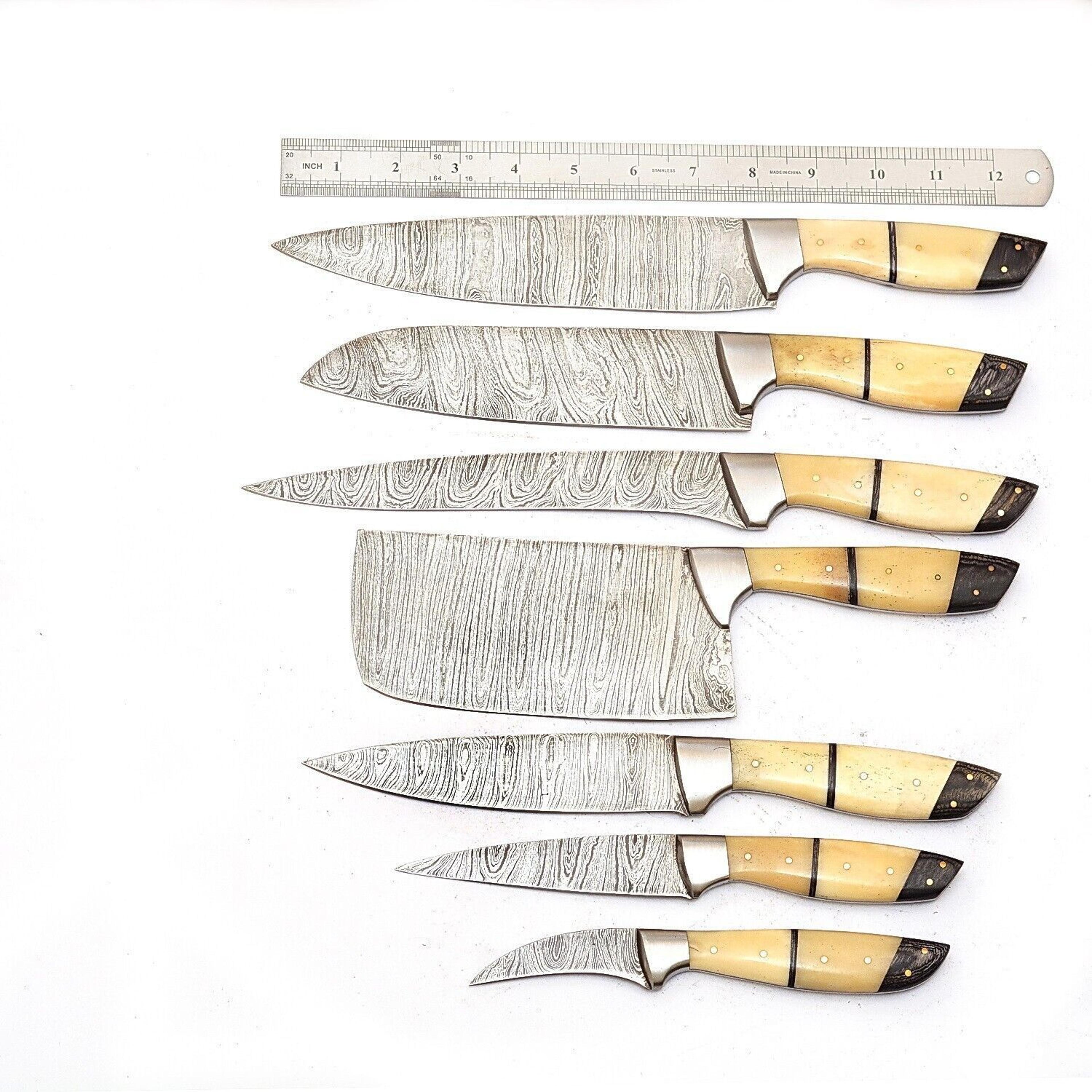handmade damascus steel outdoor kitchen 7 chef knives set with camel bone handle