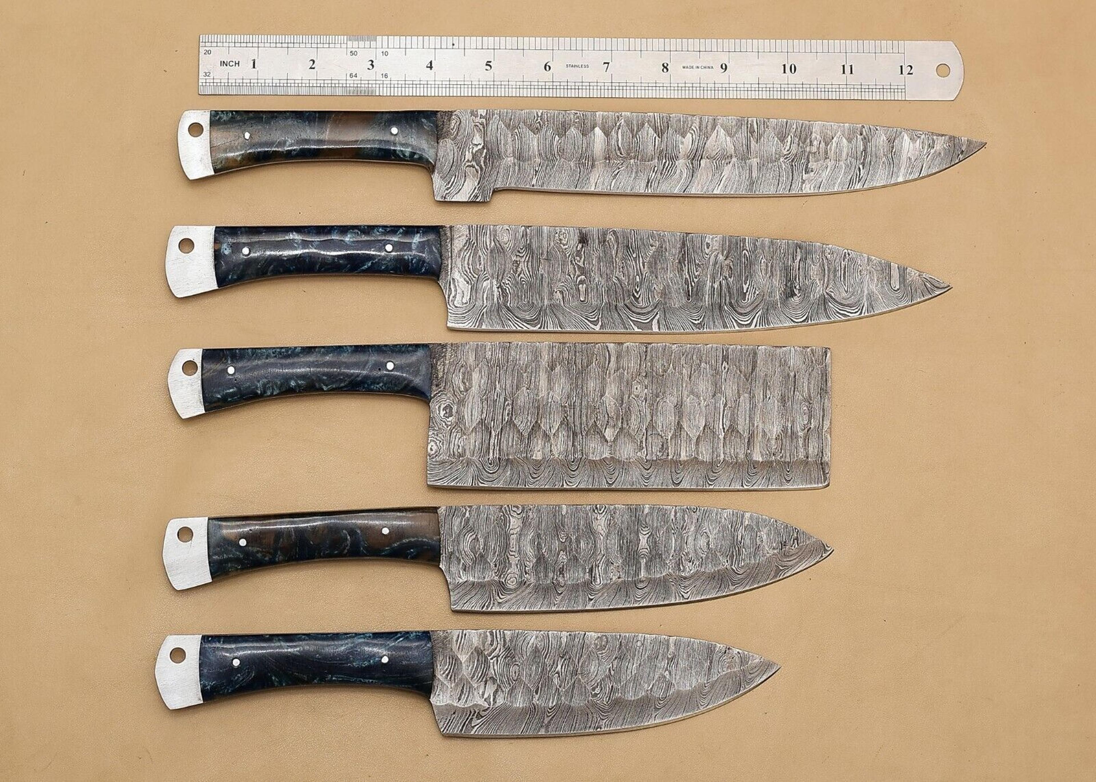 handmade twist damascus chef knife set of 5 | hardwood handle & steel bolster | full tang edc knives with leather sheath