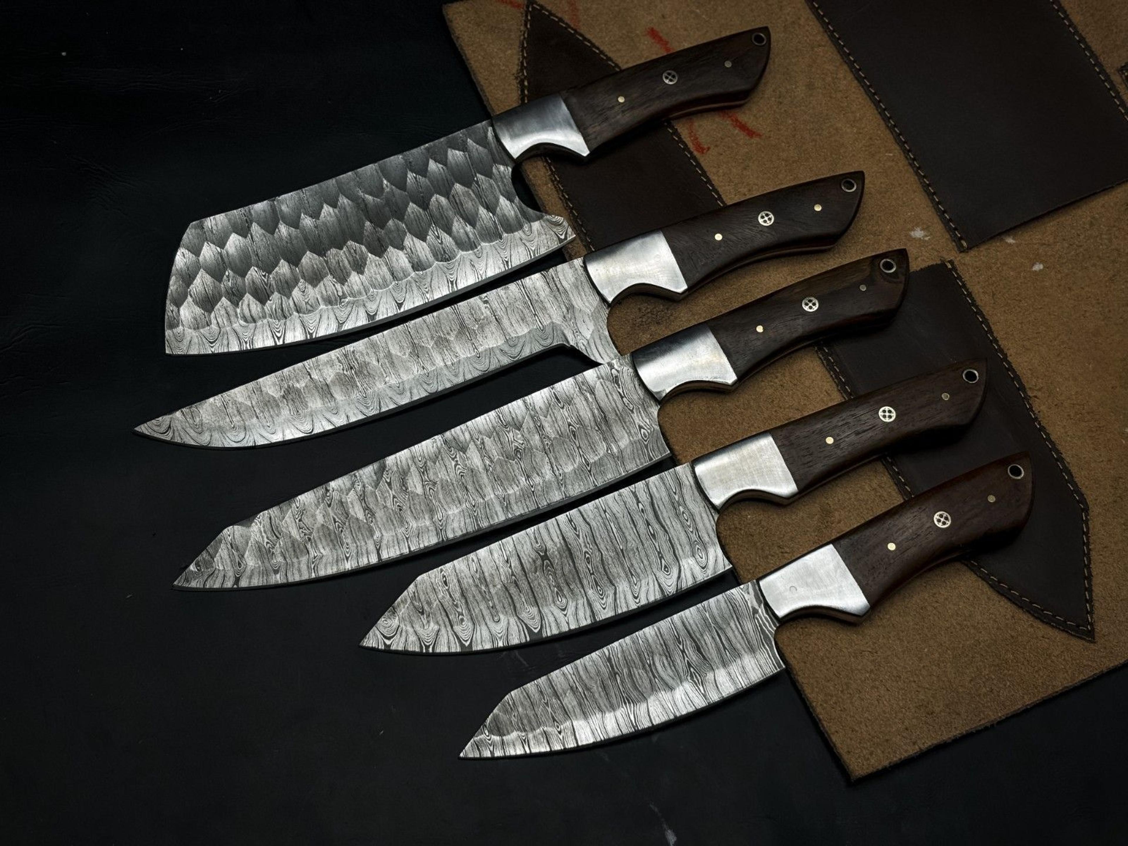 handmade chef knife twist damascus steel set of 5 | hardwood handle with steel bolster | full tang edc knives