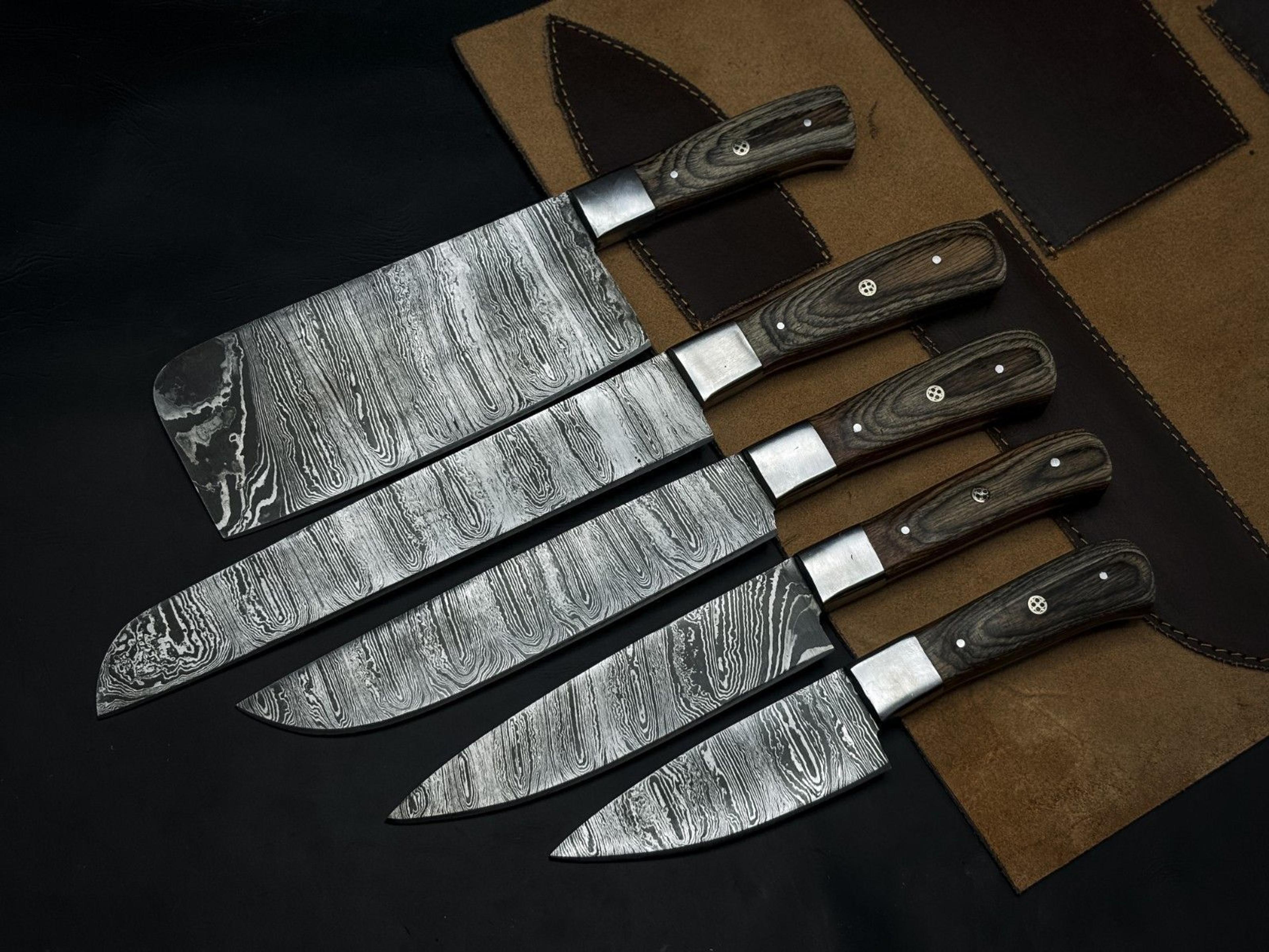 handmade chef knife set of 5 | twist damascus steel | hardwood handle & steel bolster | full tang edc knives with sheath