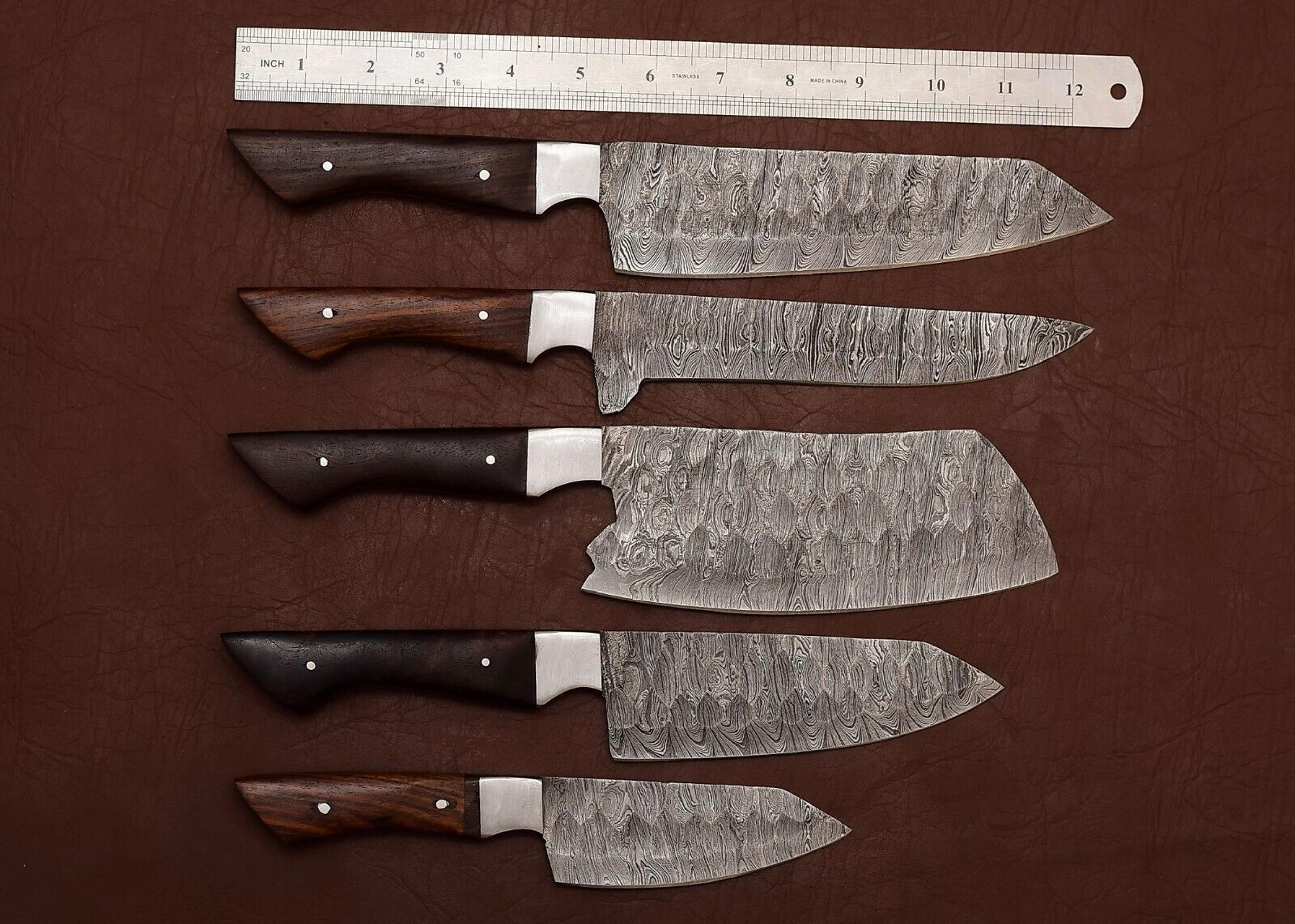 handmade damascus steel outdoor kitchen chef knife set of 5 | rose wood handle | full tang with leather sheath