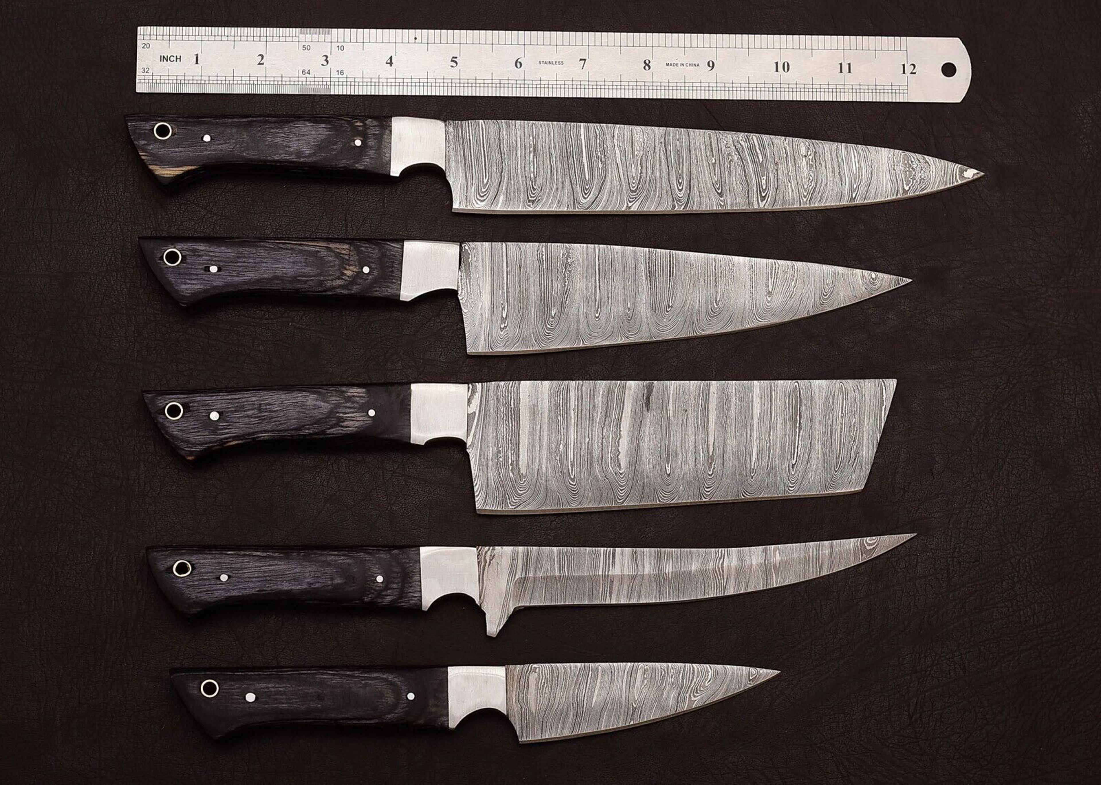 handmade damascus steel outdoor kitchen chef knife set of 5 | hard wood handle | full tang with leather sheath