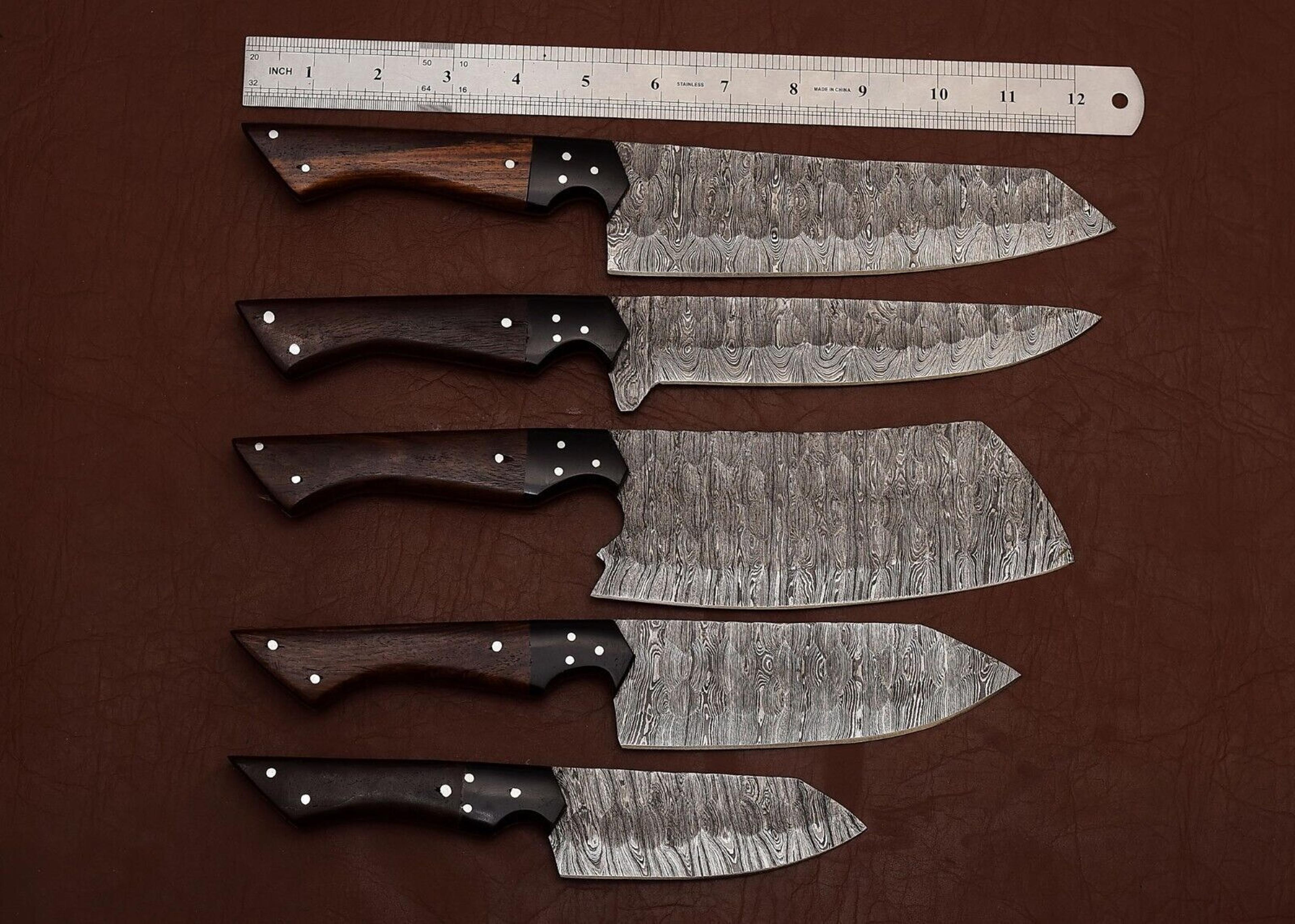 handmade damascus steel chef knife set of 5 | rose wood handle | outdoor kitchen & hunting knives with leather sheath