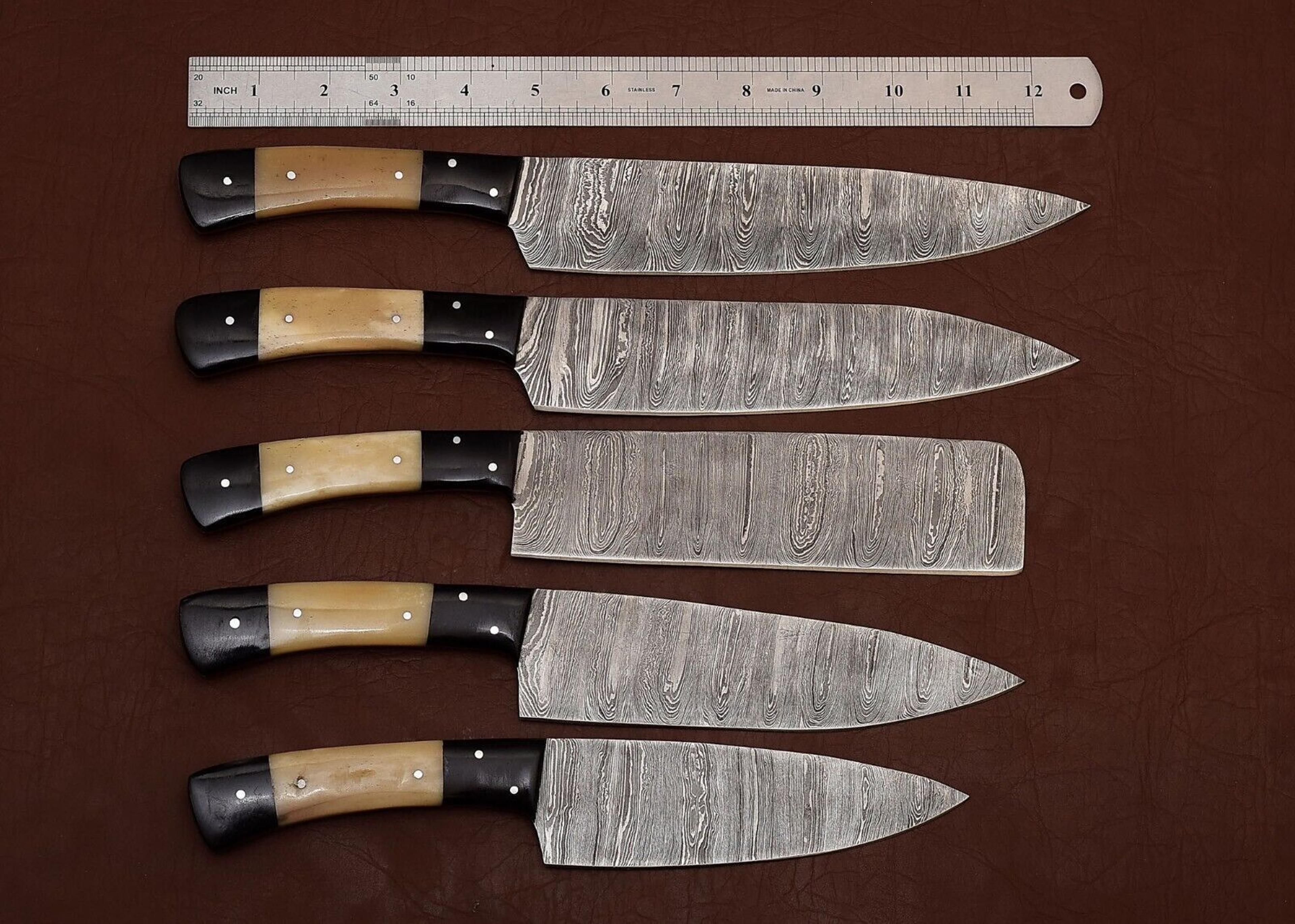 handmade damascus steel chef knife set of 5 | camel bone handle | outdoor kitchen & hunting knives with leather sheath