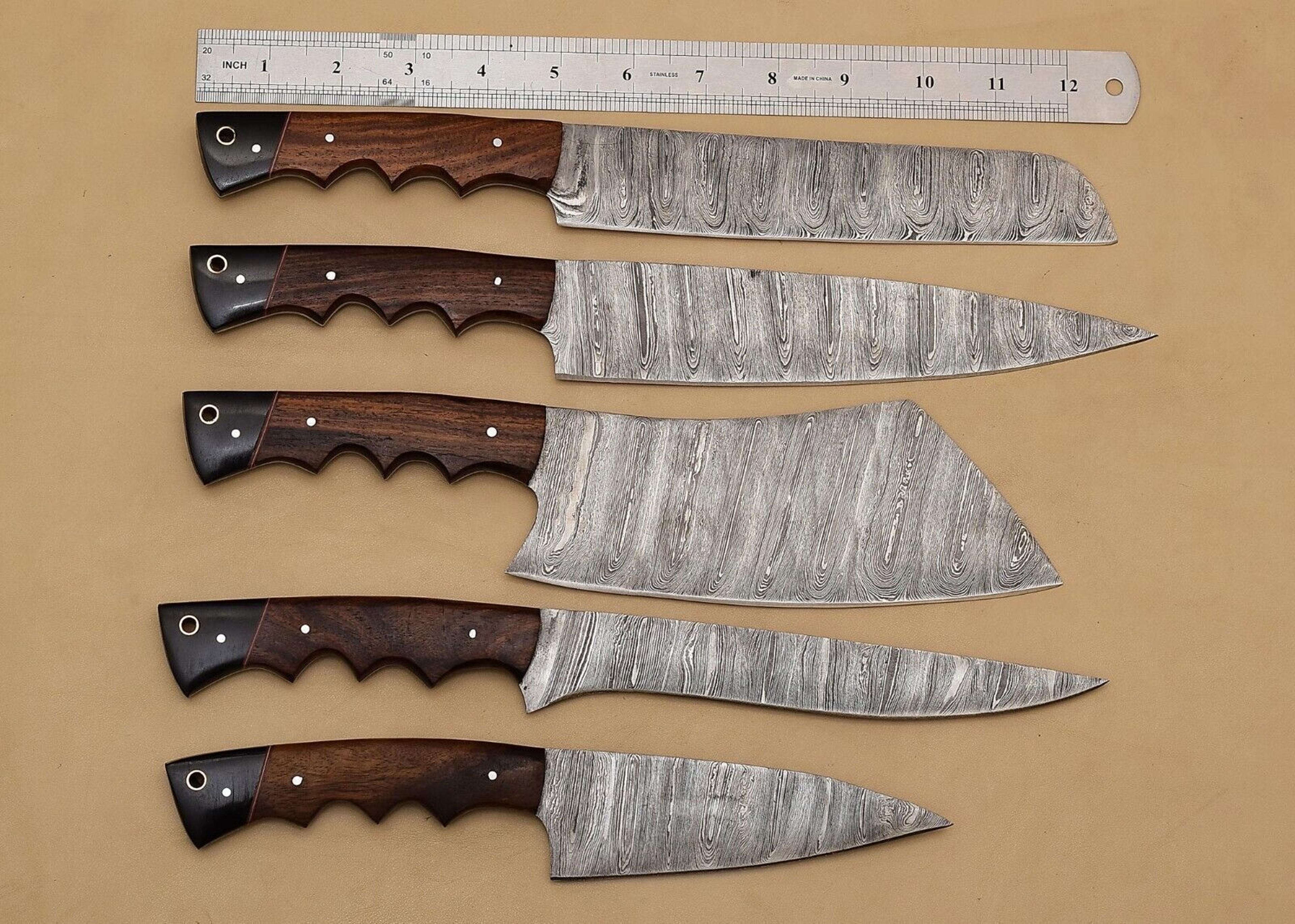 handmade damascus steel chef knife set of 5 | wood handle | outdoor kitchen, hunting & survival knives