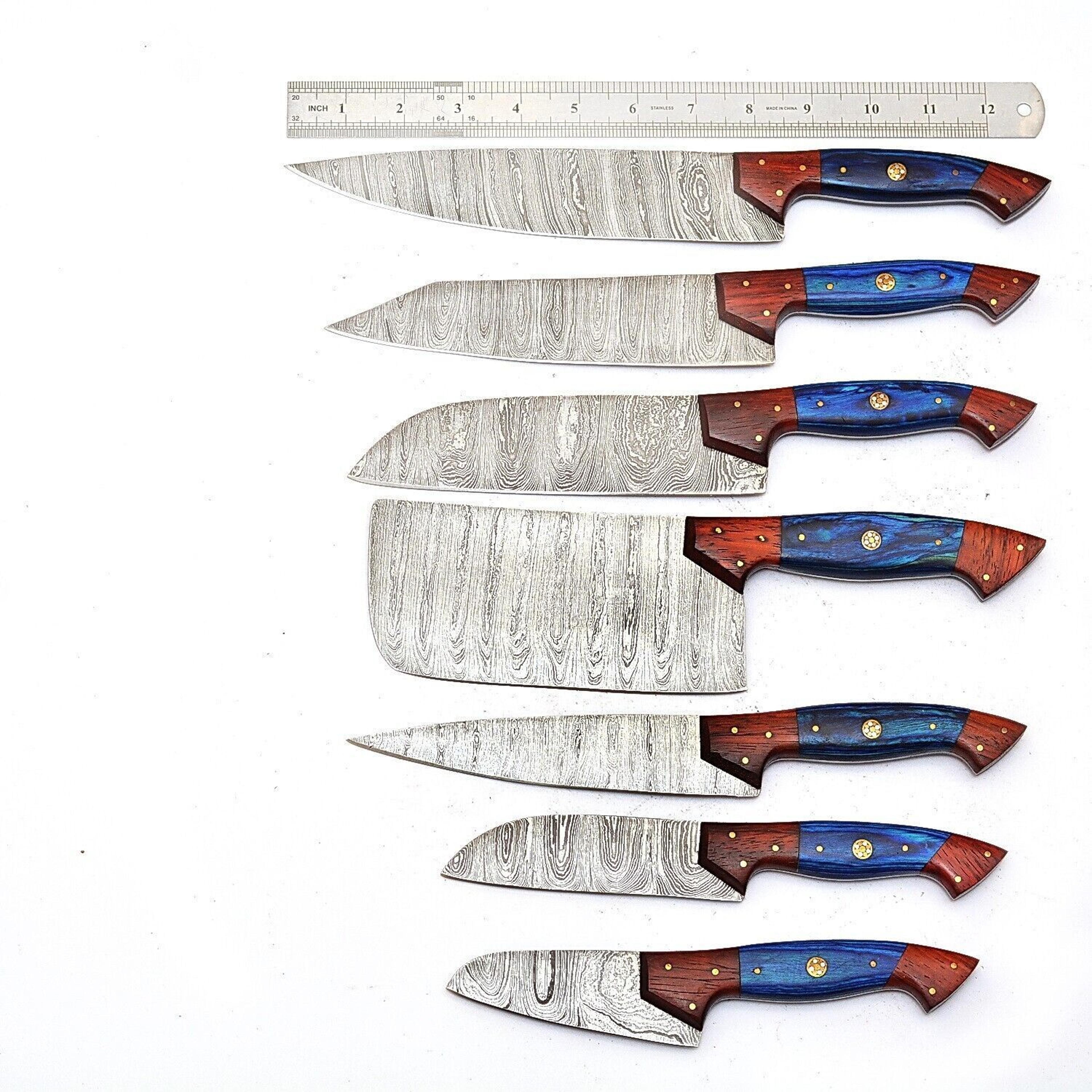 handmade damascus steel 7-piece chef knife set | outdoor kitchen knives with pakka wood handles & leather sheaths