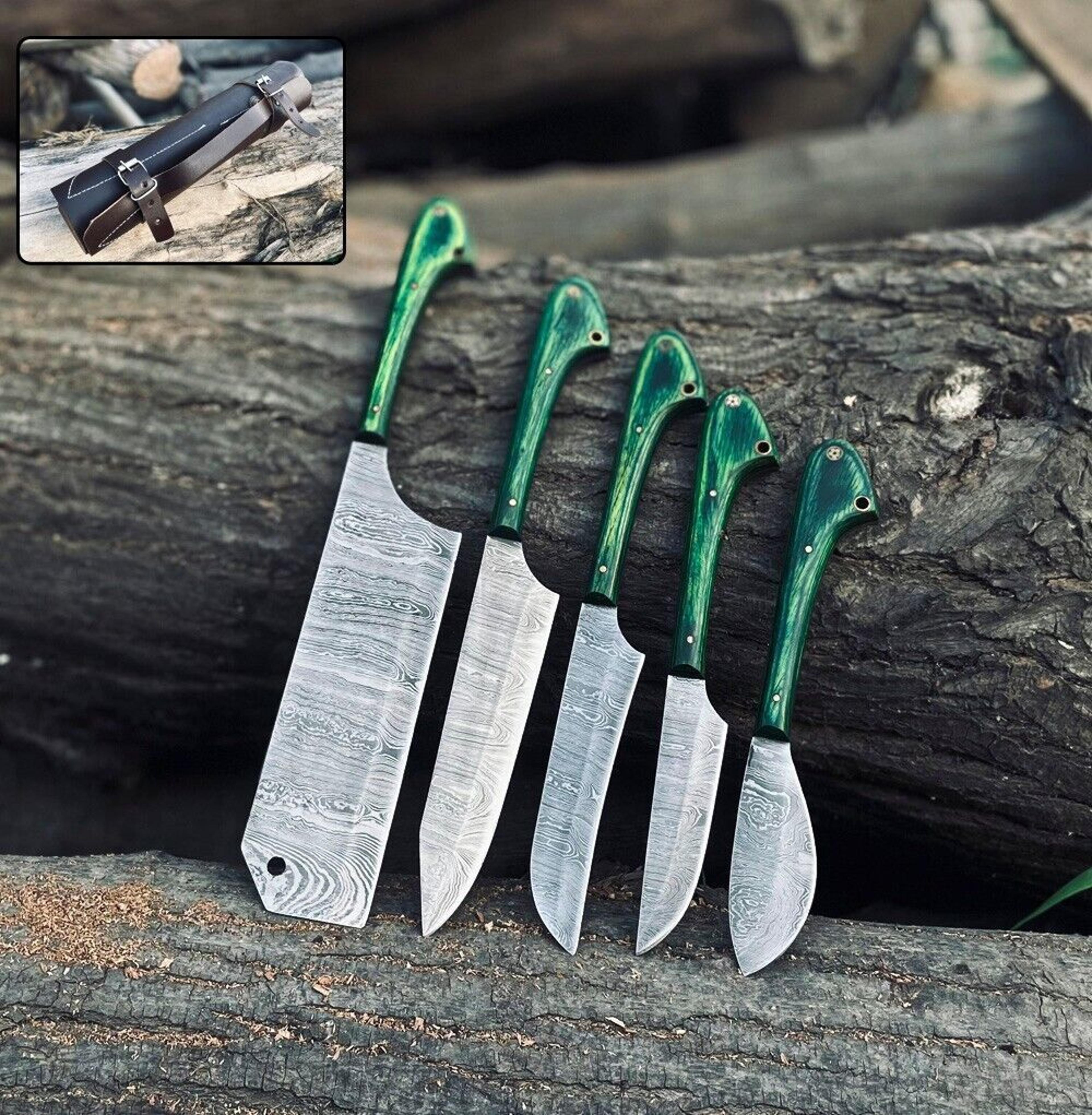 custom handmade damascus steel kitchen chef knife set with wood handles & leather roll bag