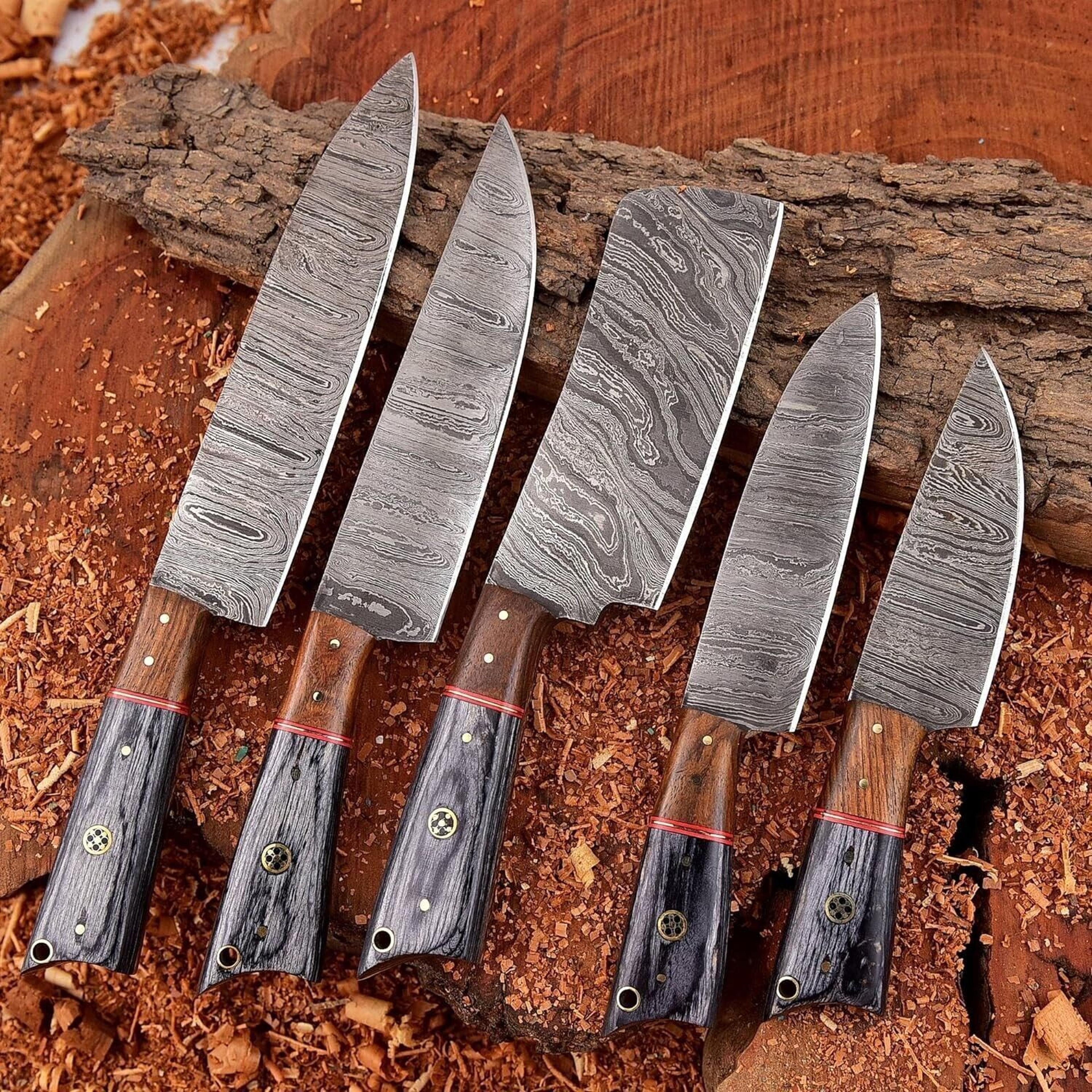 set of 5 handmade damascus steel chef knives | custom hand forged kitchen knife set with leather roll