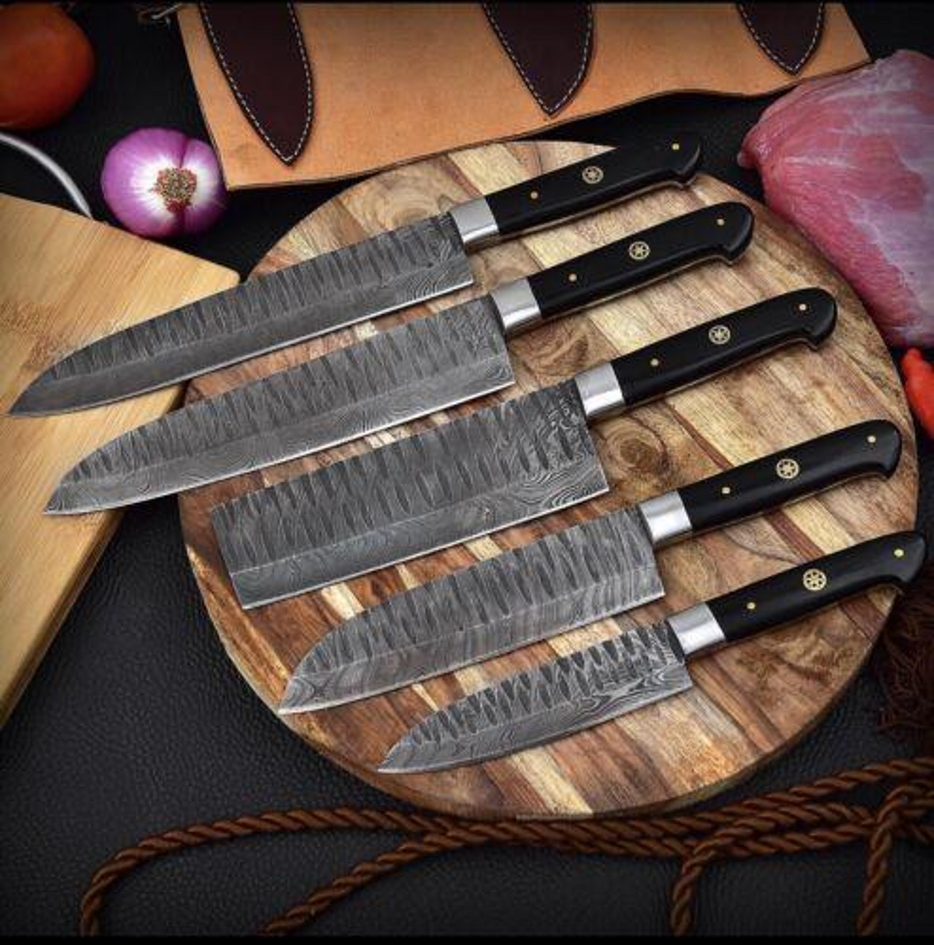 custom handmade forged damascus 5-piece kitchen chef knife set with sheath