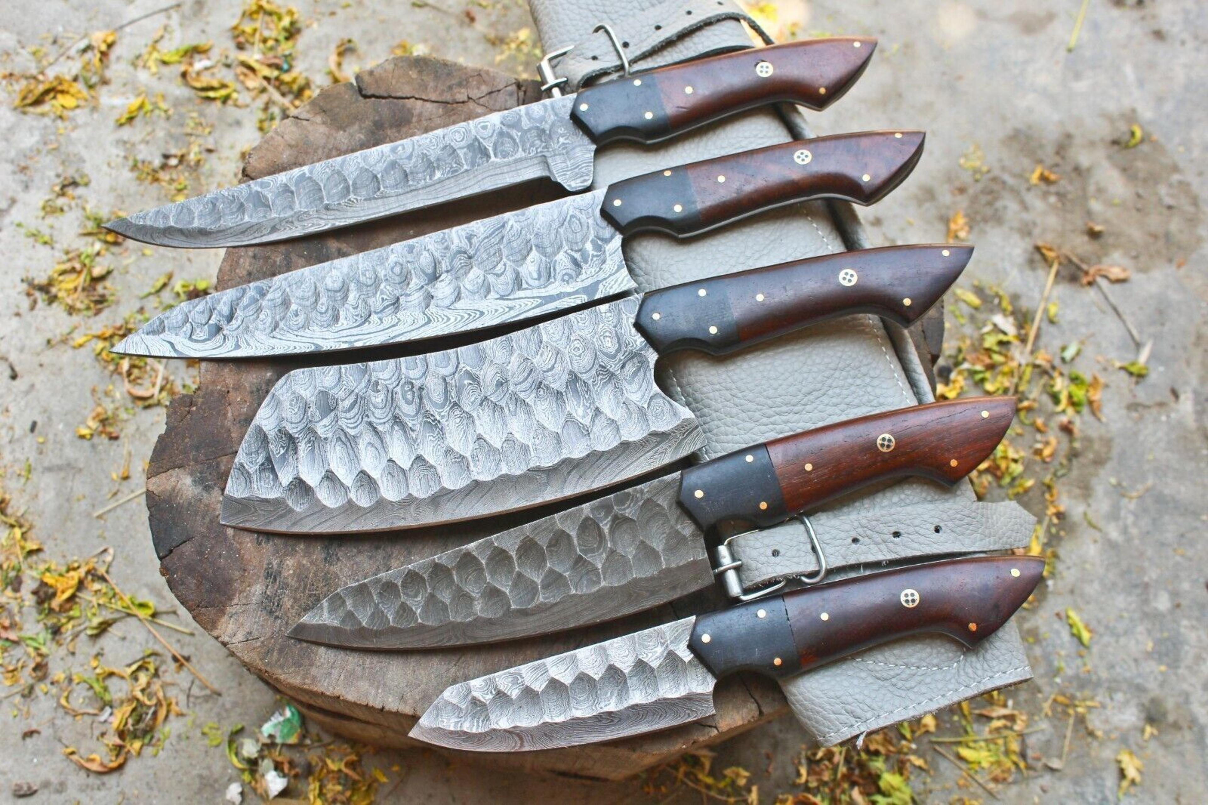 handmade hand forged damascus steel bbq chef kitchen knife set with leather sheath | custom 384 layer steel