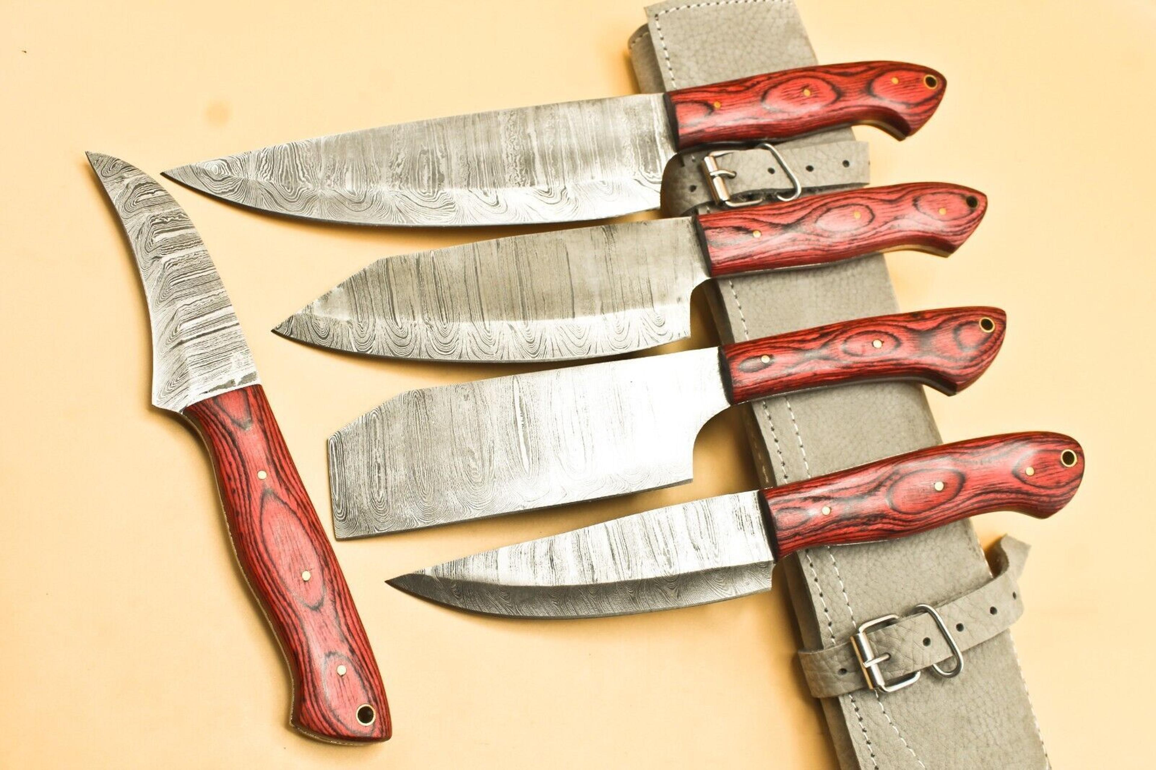 handmade hand forged damascus steel bbq chef kitchen knife set with leather sheath – 384 layers high carbon steel