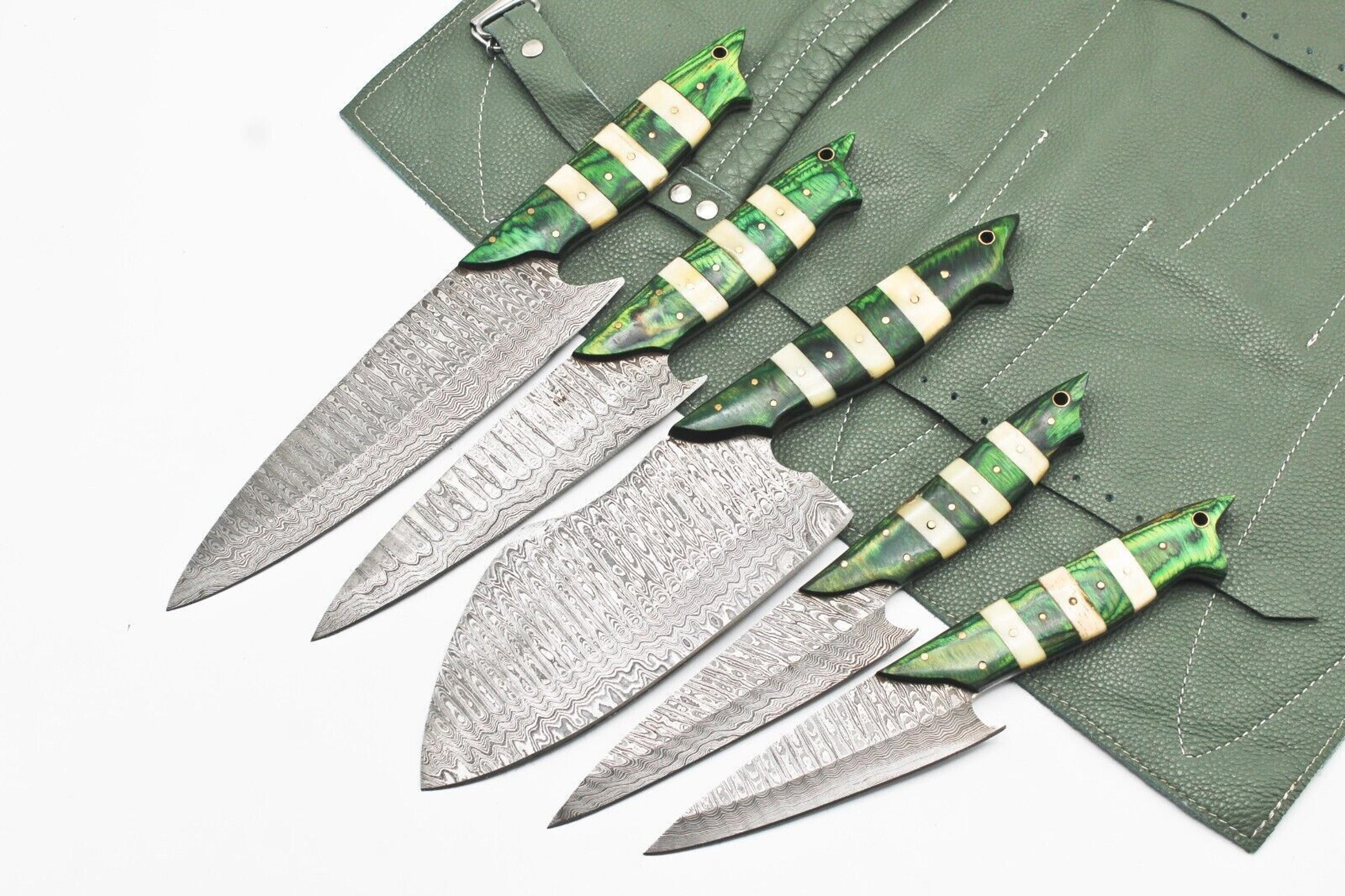 handmade hand forged damascus steel bbq chef kitchen knife set with leather sheath – 384 layer high carbon blades