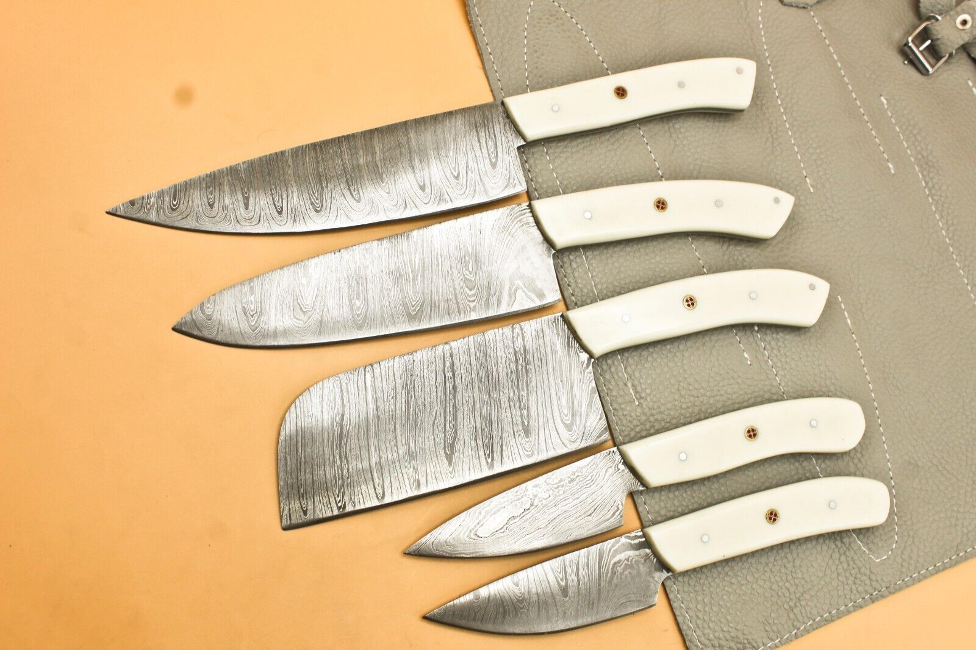 an amazing hand forged damascus steel bbq chef kitchen knife set | 100% handmade with leather sheath