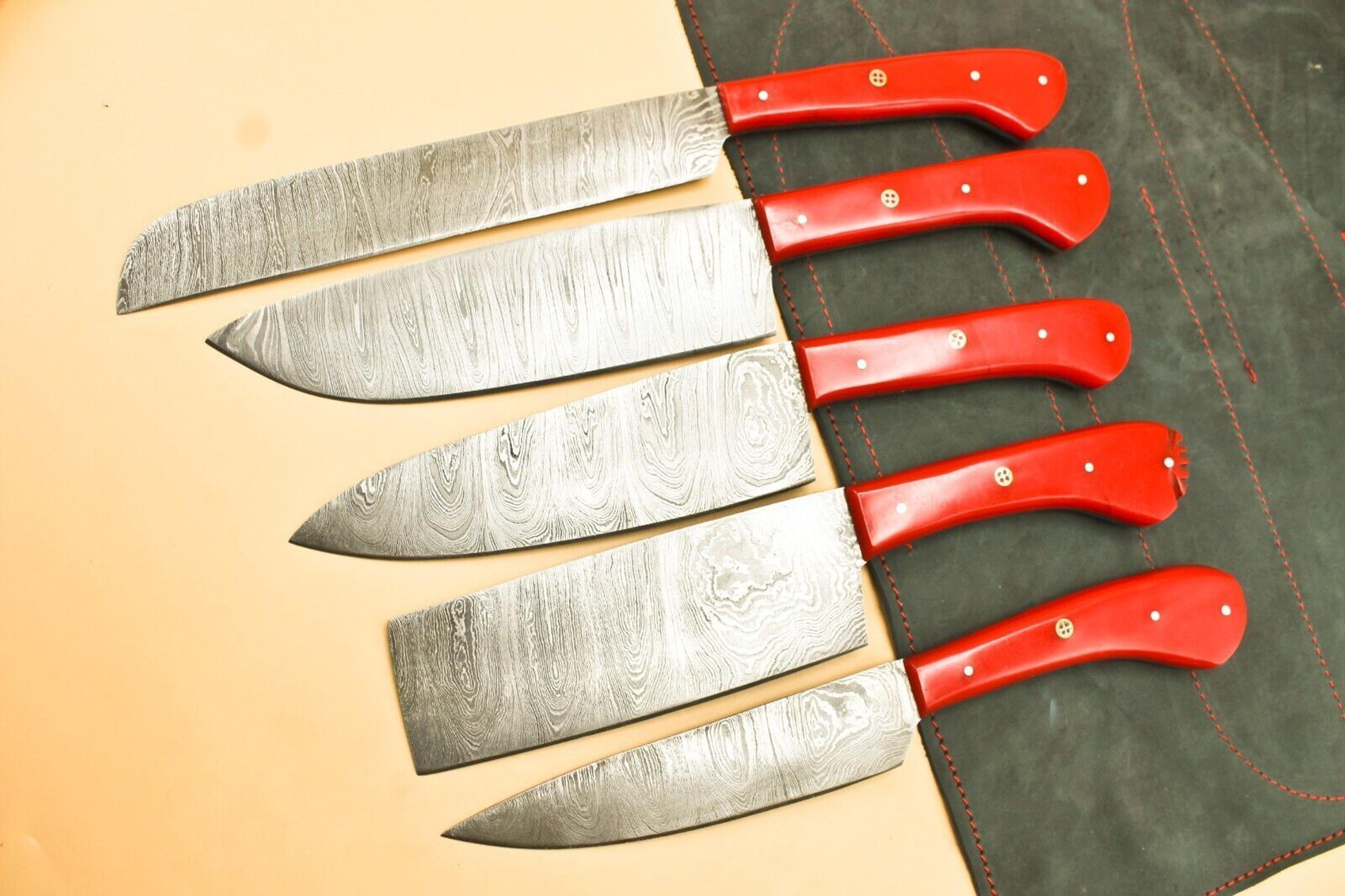 handmade hand forged damascus steel bbq chef kitchen knife set with leather sheath – 5 pcs professional cutlery